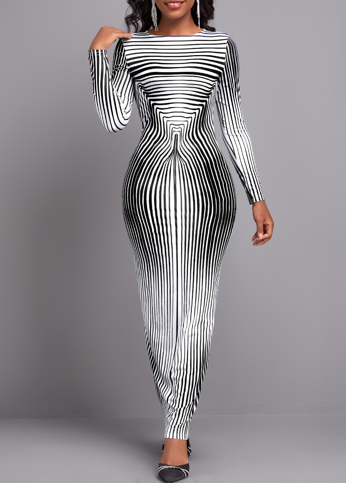 Black Striped Long Sleeve Round Neck Maxi Bodycon Dress