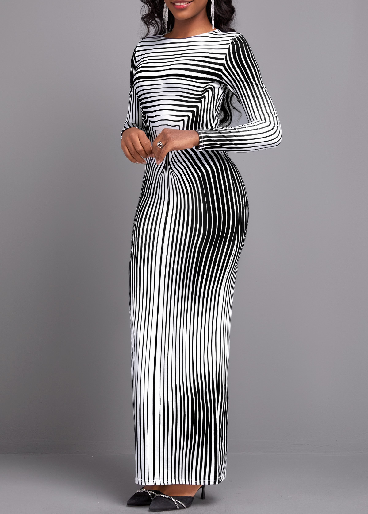 Black Striped Long Sleeve Round Neck Maxi Bodycon Dress