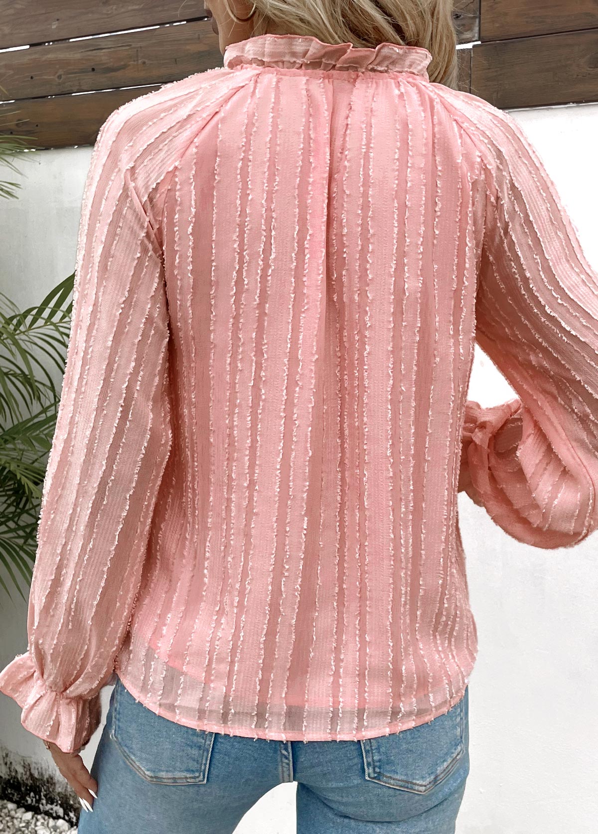 Light Pink Button Striped Long Sleeve V Neck Blouse