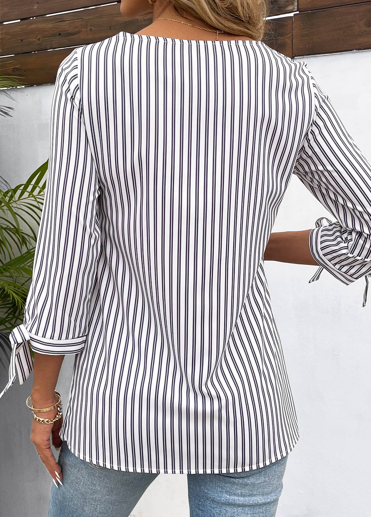 Light Grey Button Striped Three Quarter Length Sleeve Blouse