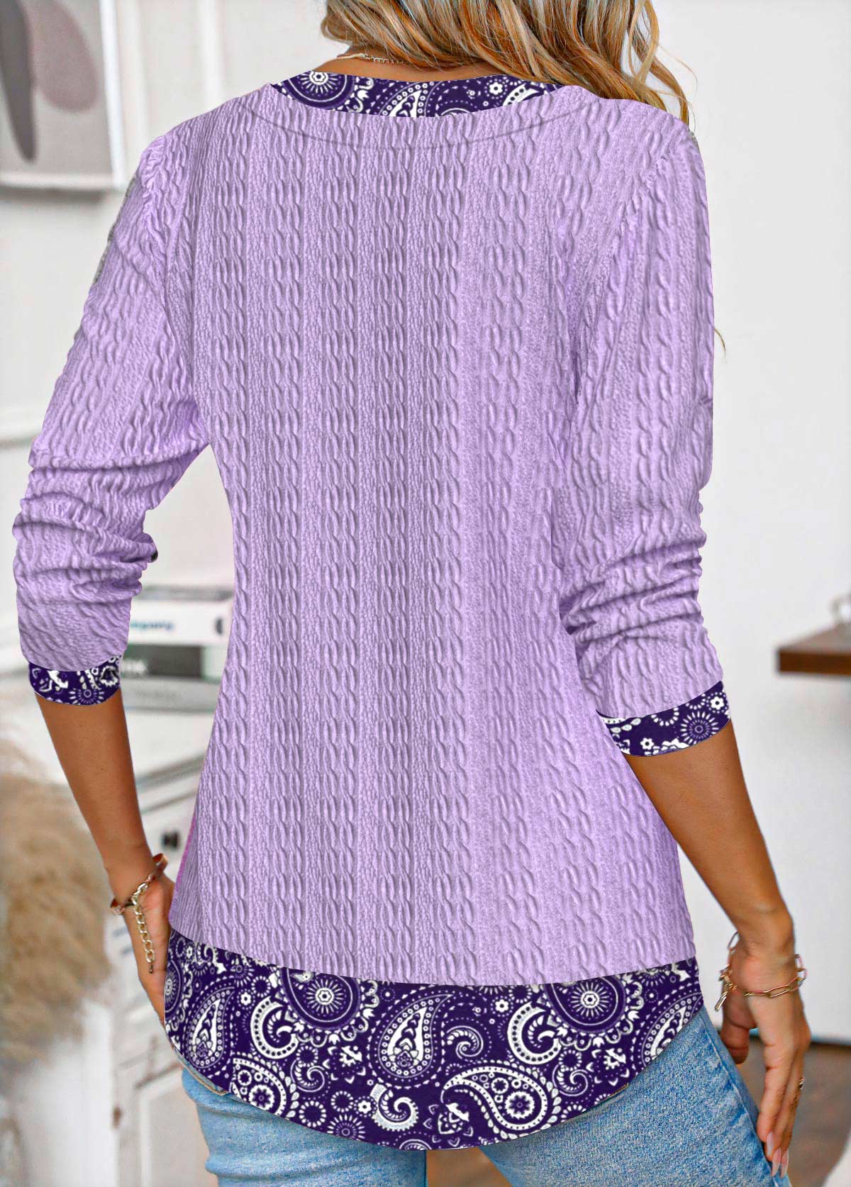 Light Purple Patchwork Tribal Print Long Sleeve T Shirt