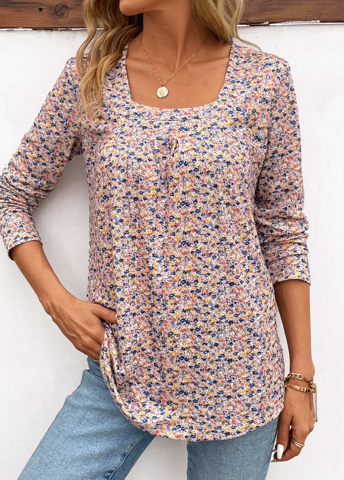 Yellow Ruched Ditsy Floral Print Long Sleeve T Shirt