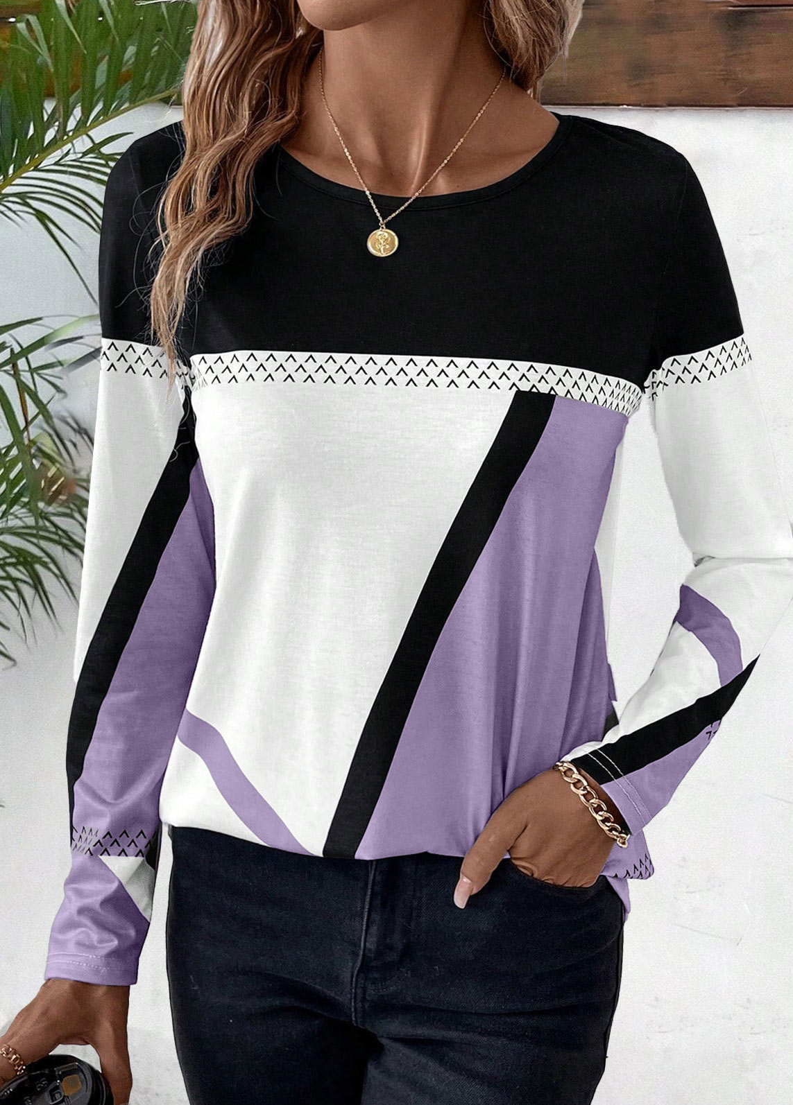 Light Purple Patchwork Geometric Print Long Sleeve T Shirt