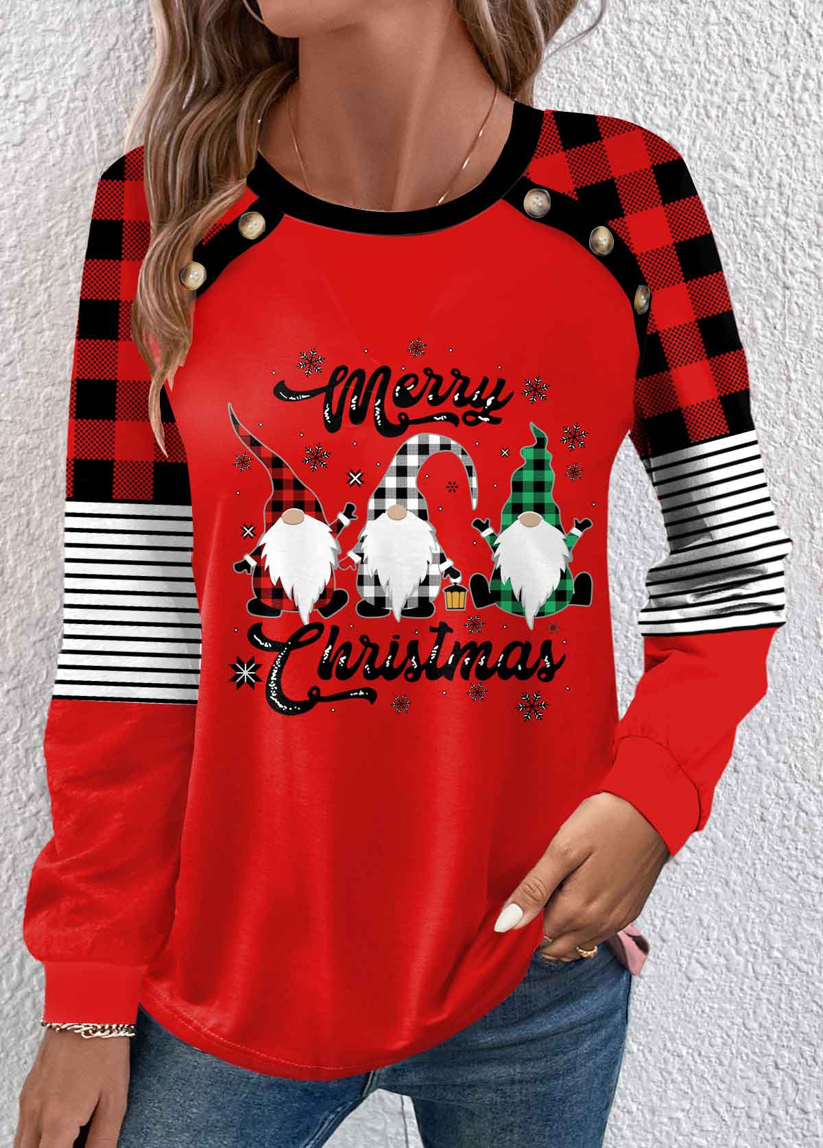 Wine Red Button Christmas Print Long Sleeve T Shirt