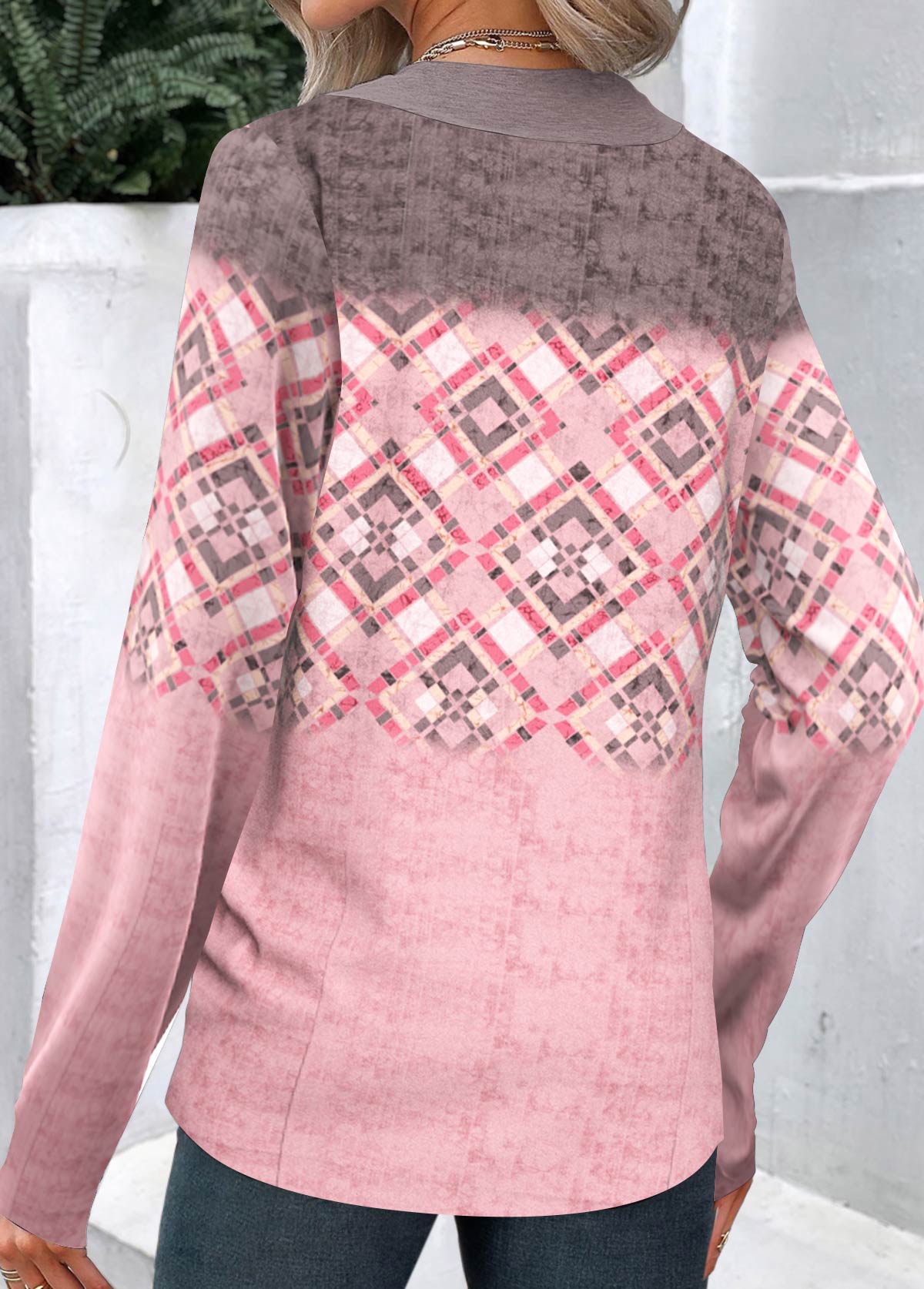 Light Pink Button Geometric Print Long Sleeve Sweatshirt