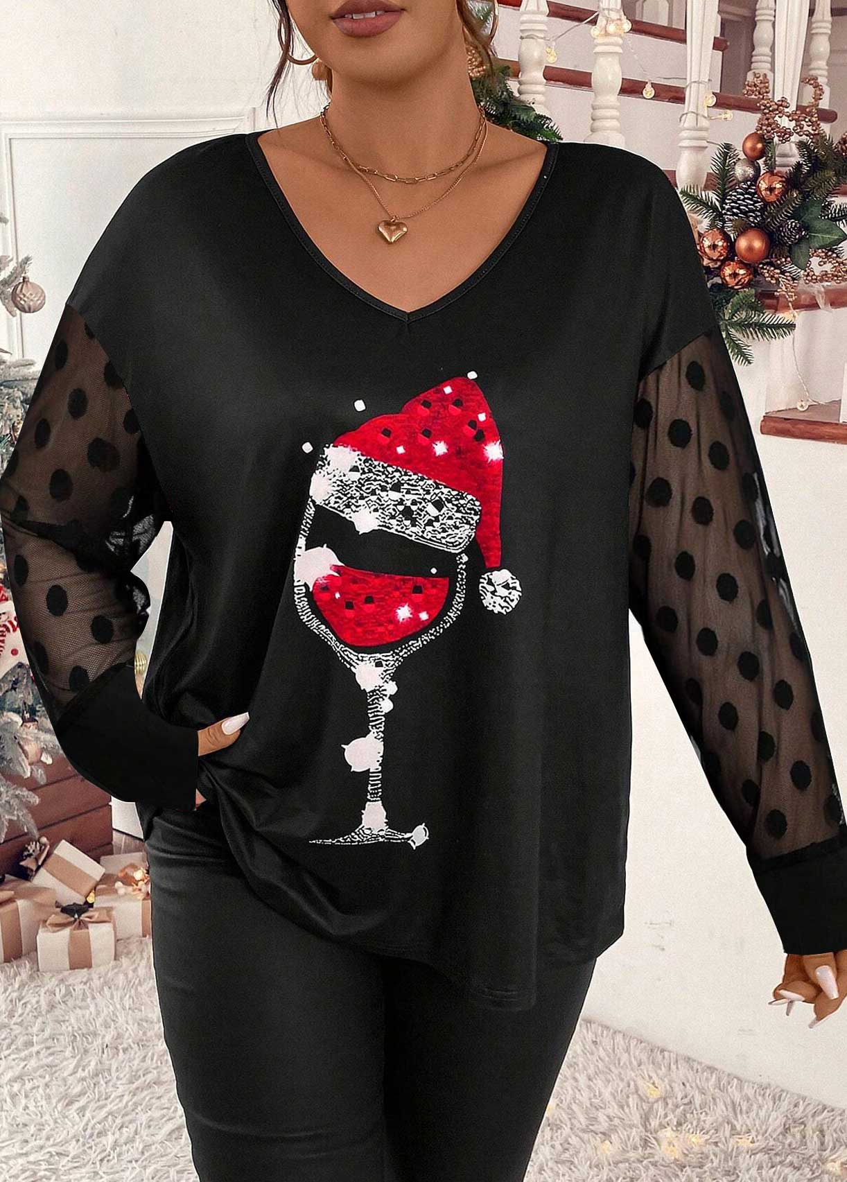 Black Mesh Plus Size Christmas Print T Shirt