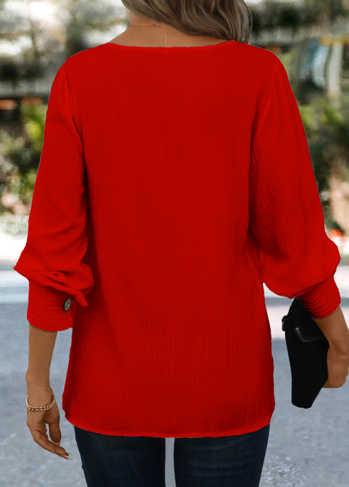 Red Button Long Sleeve Asymmetrical Neck Blouse