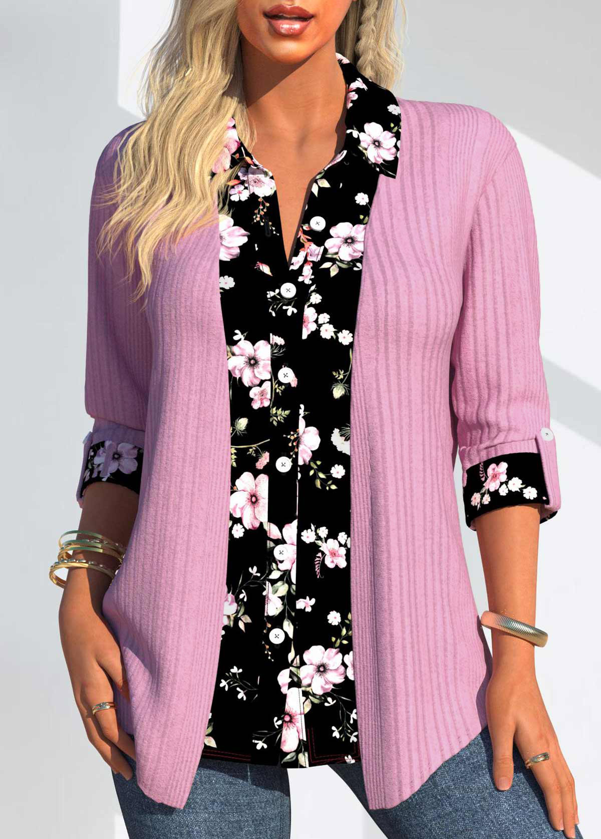 Pink Random Floral Print Fake Two Piece Twinset | picture 