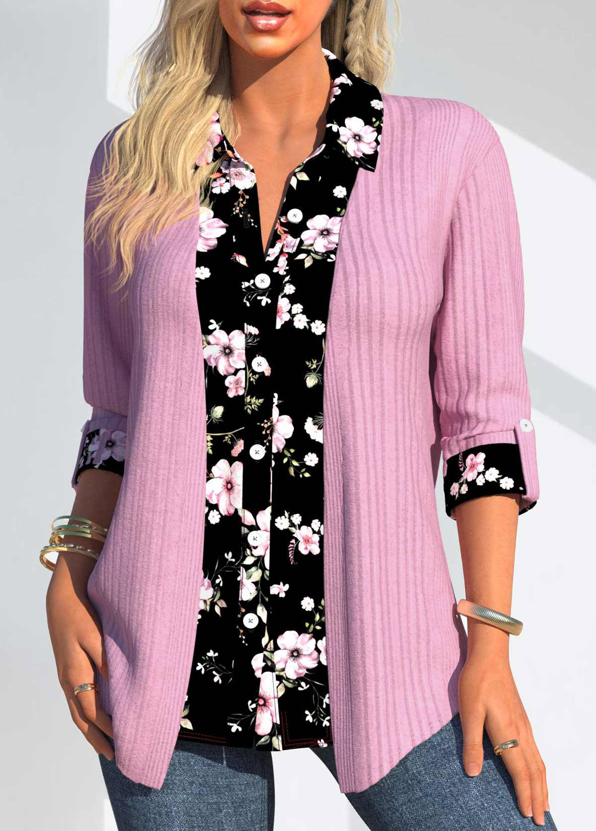 Pink Random Floral Print Fake Two Piece Twinset | picture 