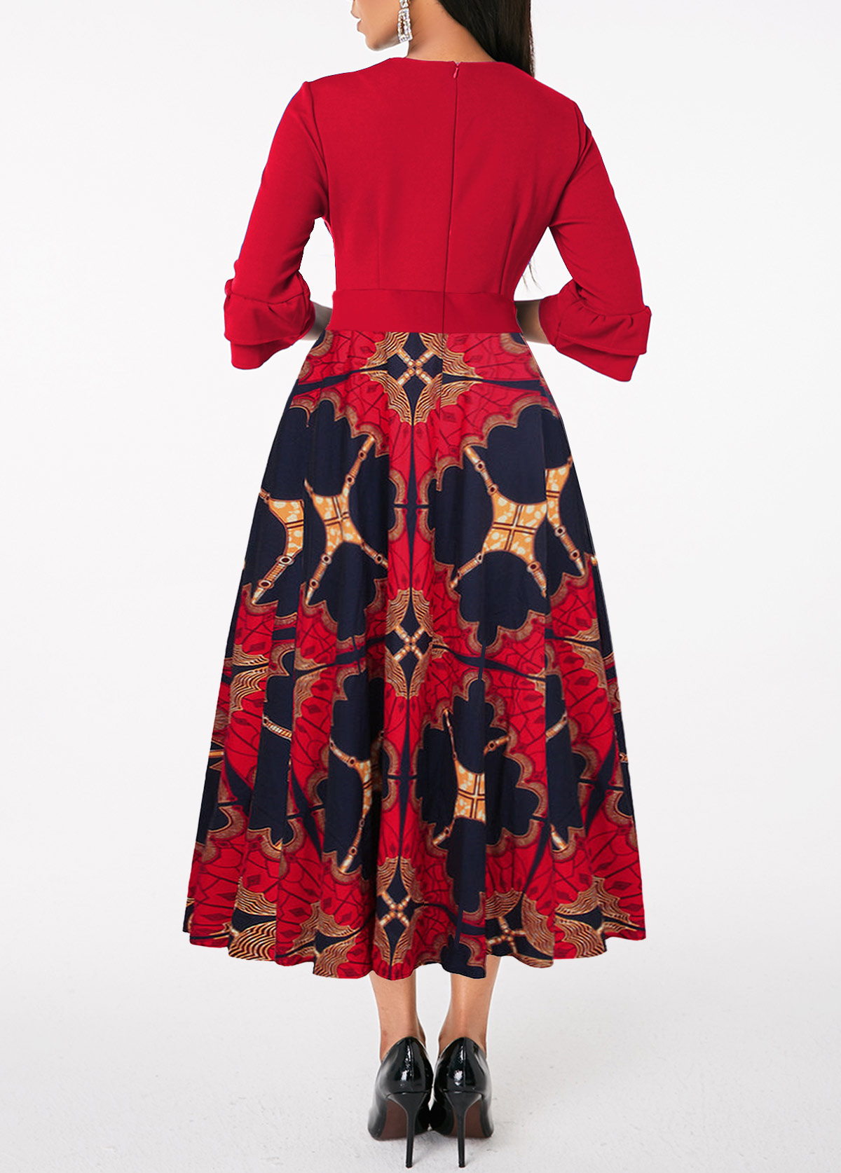 Wine Red Patchwork Tribal Print Cross Collar Dress