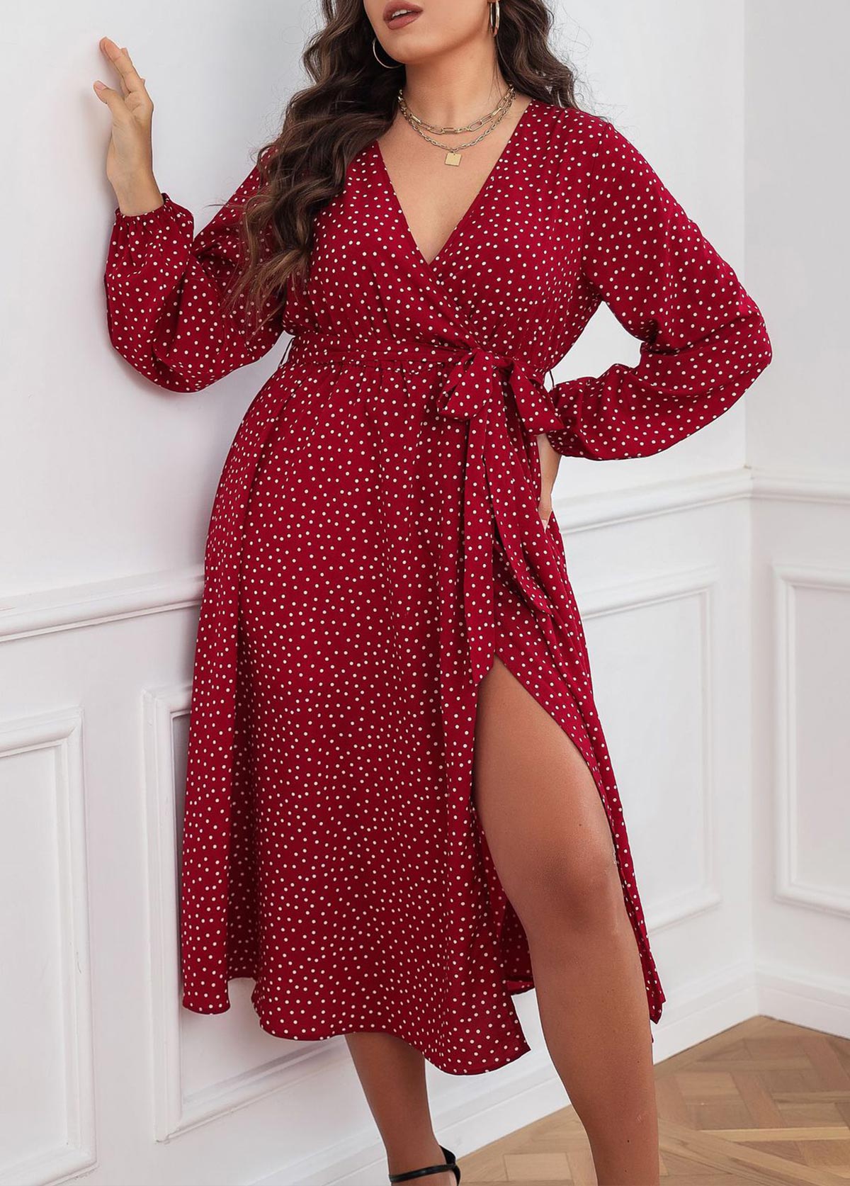 Wine Red Surplice Plus Size Belted Dress
