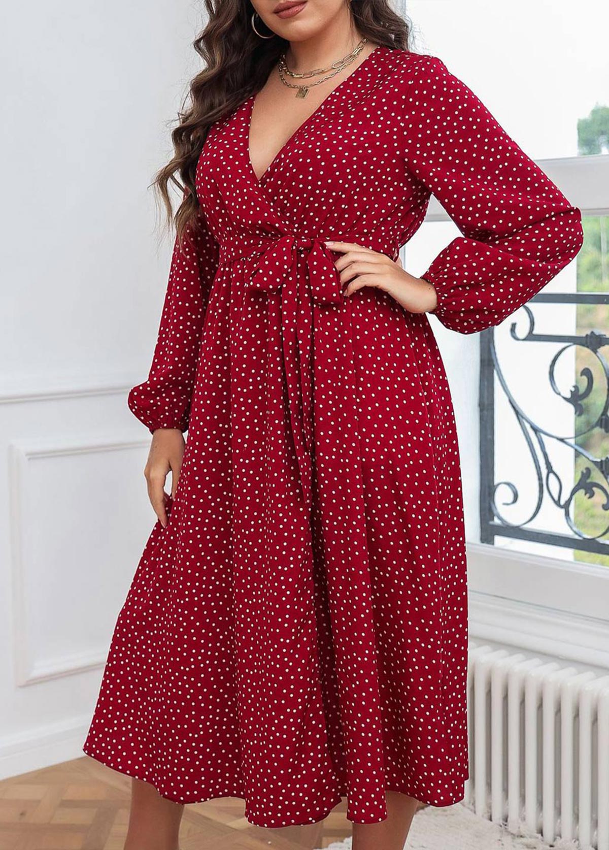Wine Red Surplice Plus Size Belted Dress