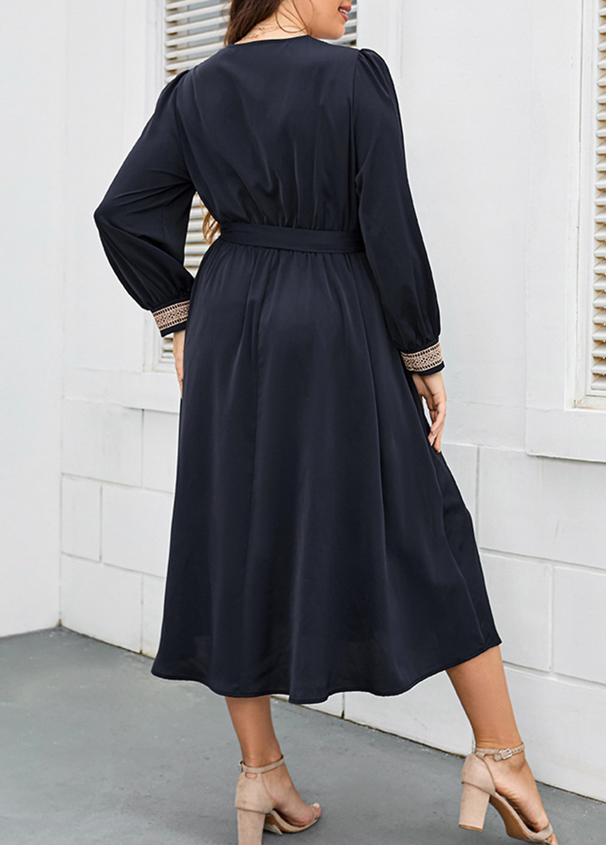 Navy Lace Plus Size Belted Long Sleeve Dress