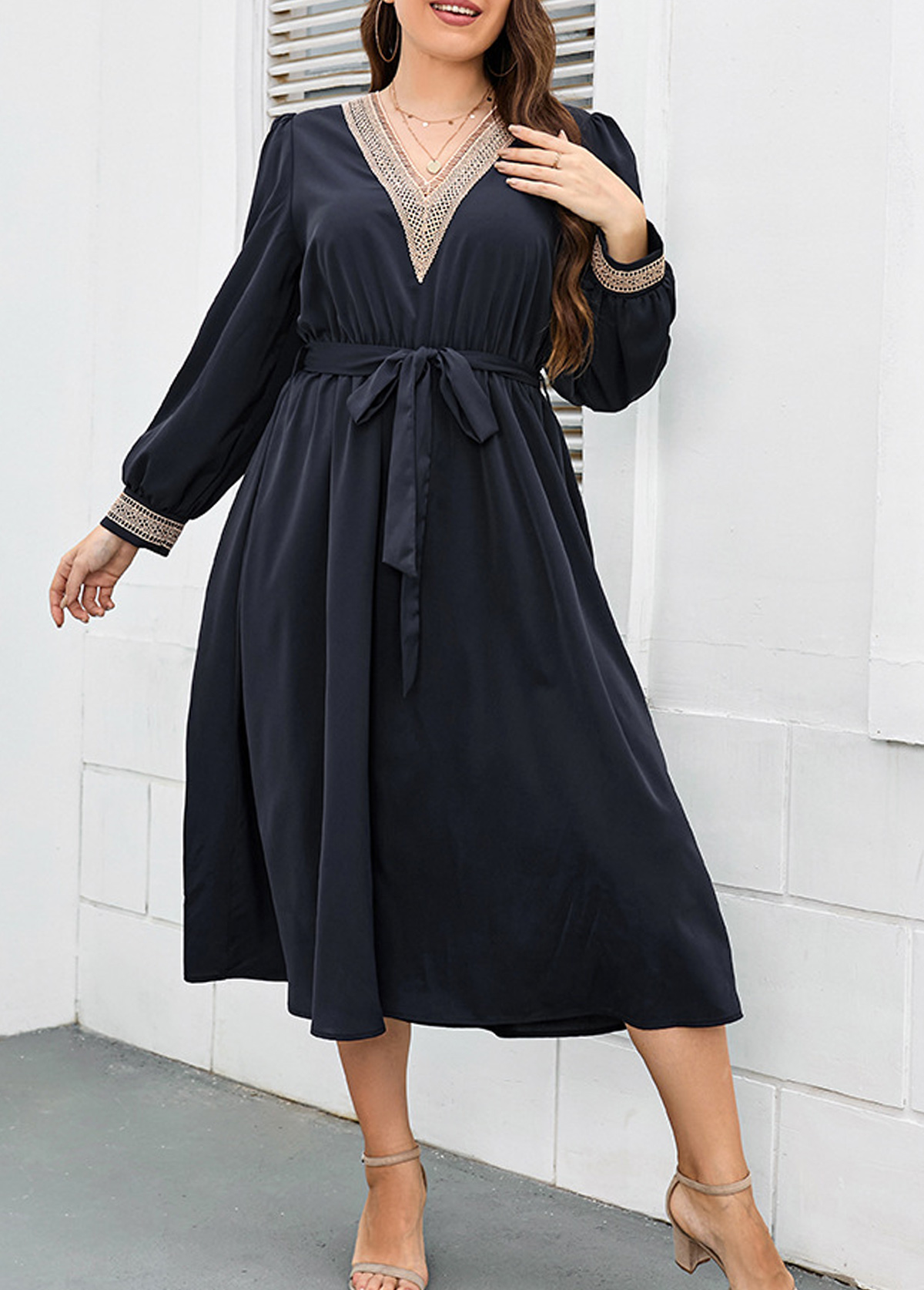 Navy Lace Plus Size Belted Long Sleeve Dress