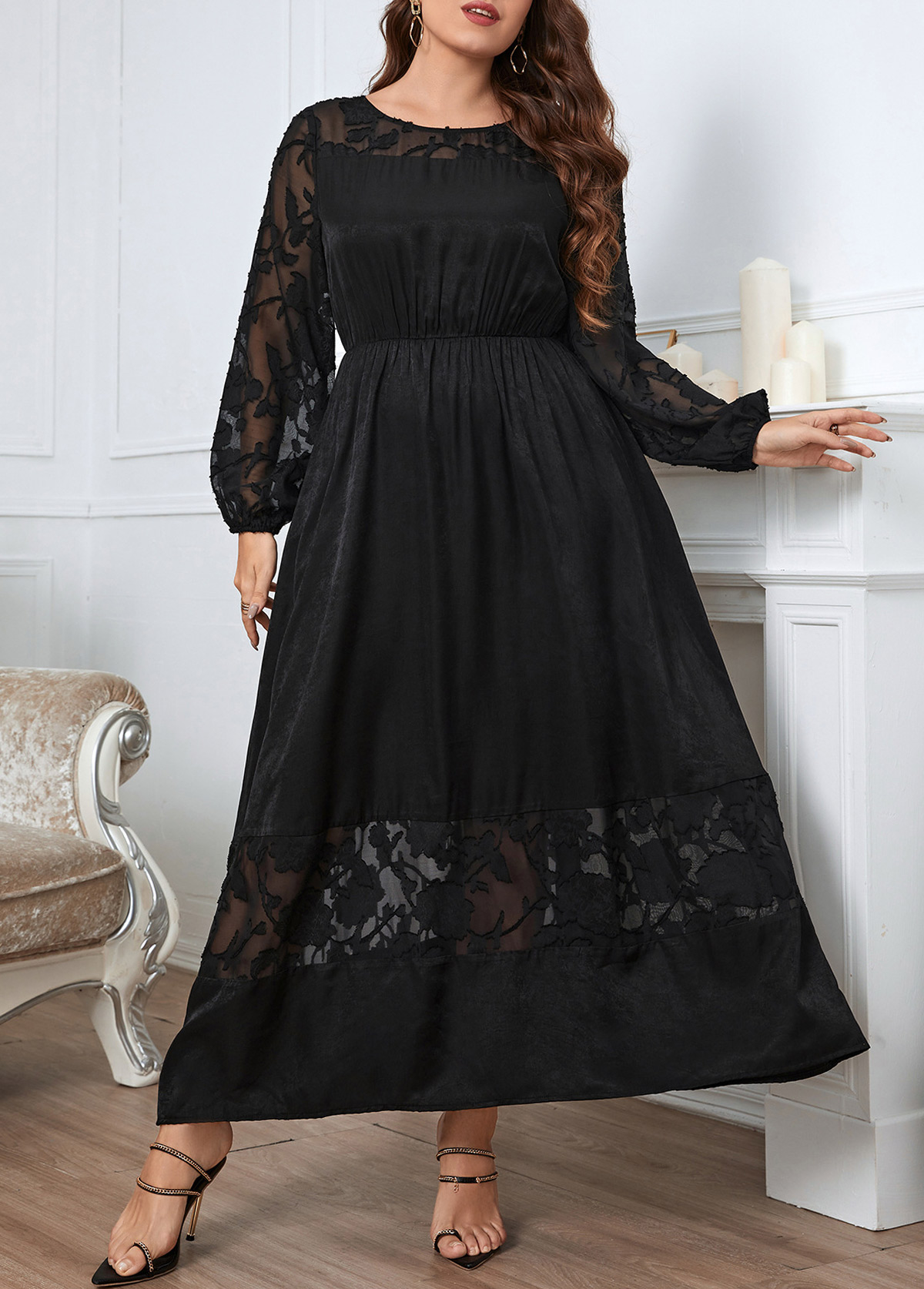 Black Patchwork Plus Size Long Sleeve Maxi Dress
