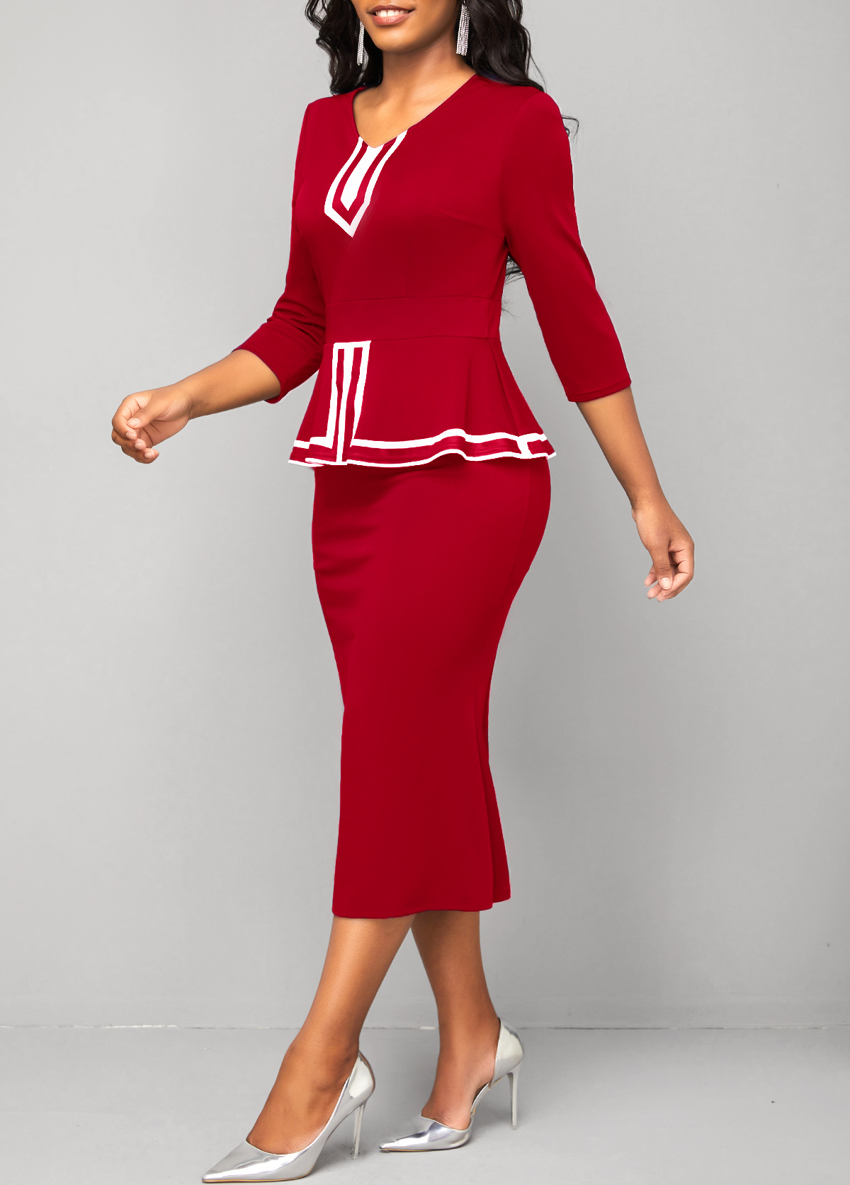 V Neck Red Striped Bodycon Dress