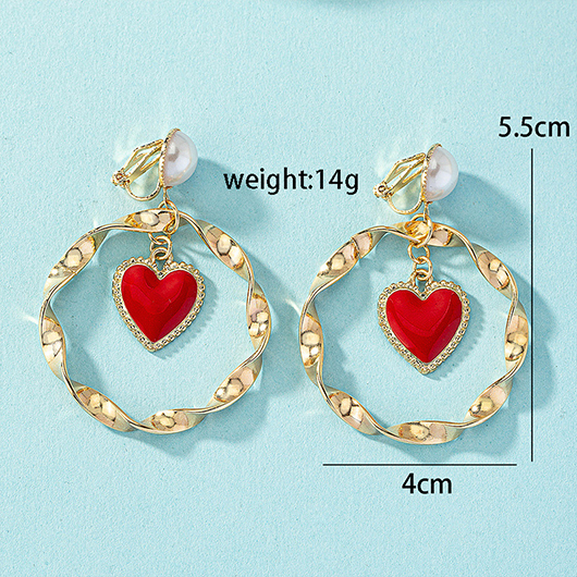 Gold Red Heart Alloy Geometric Earrings