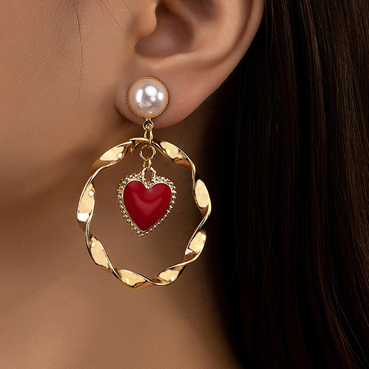 Gold Red Heart Alloy Geometric Earrings