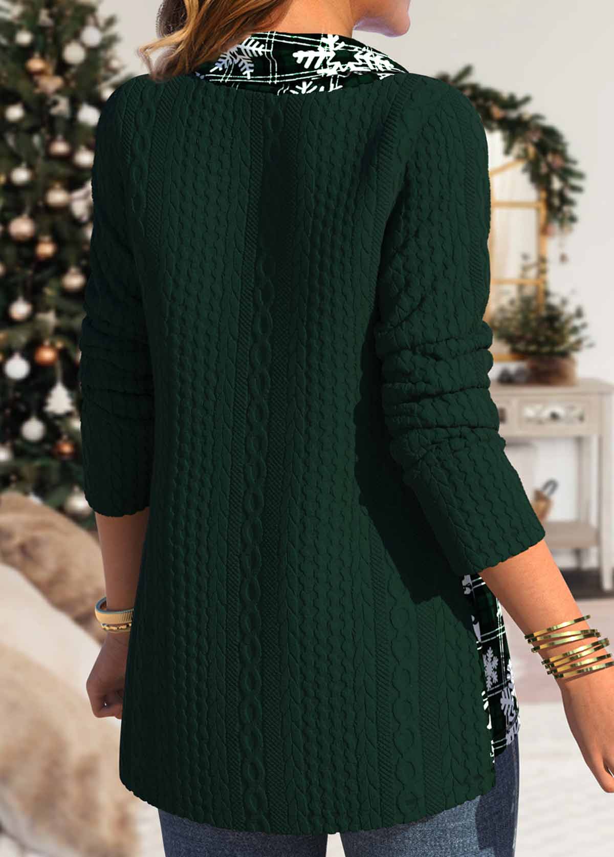 Christmas Blackish Green Button Snowflake Print Cowl Neck Sweatshirt