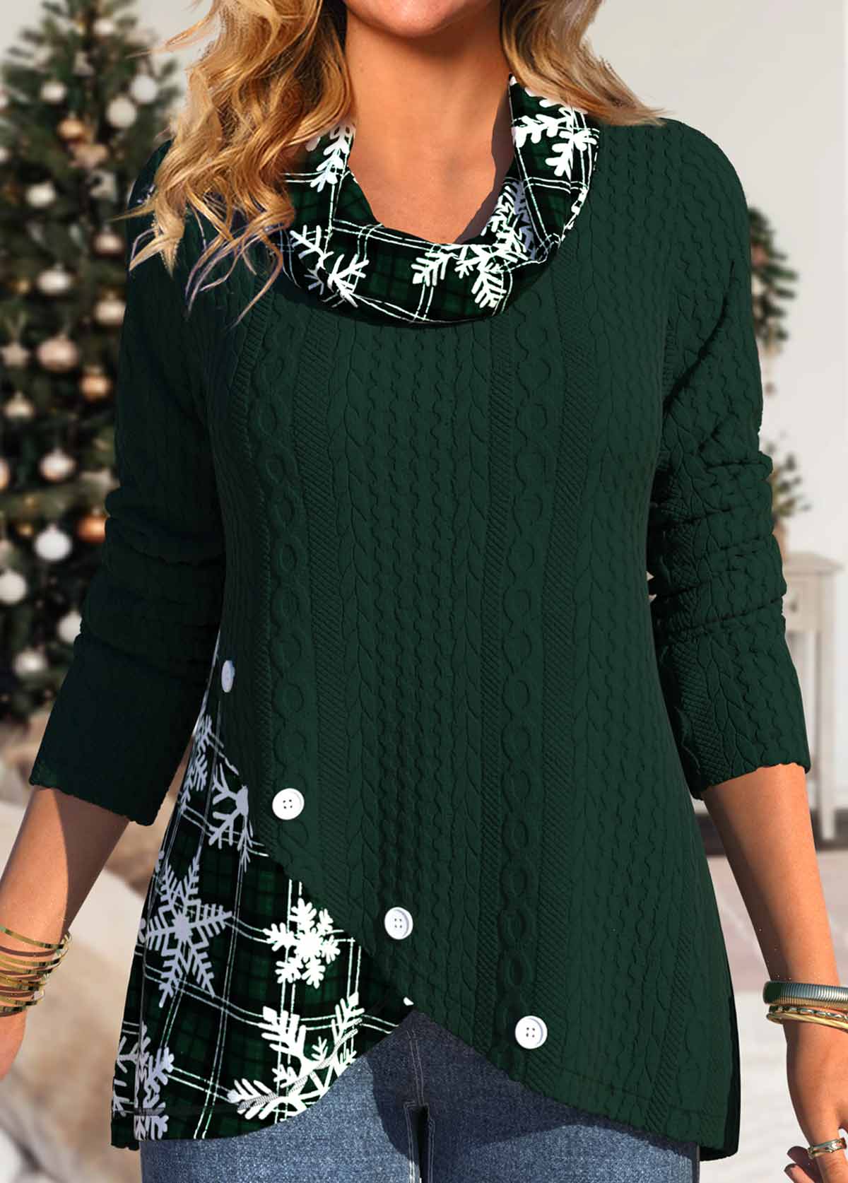Christmas Blackish Green Button Snowflake Print Cowl Neck Sweatshirt