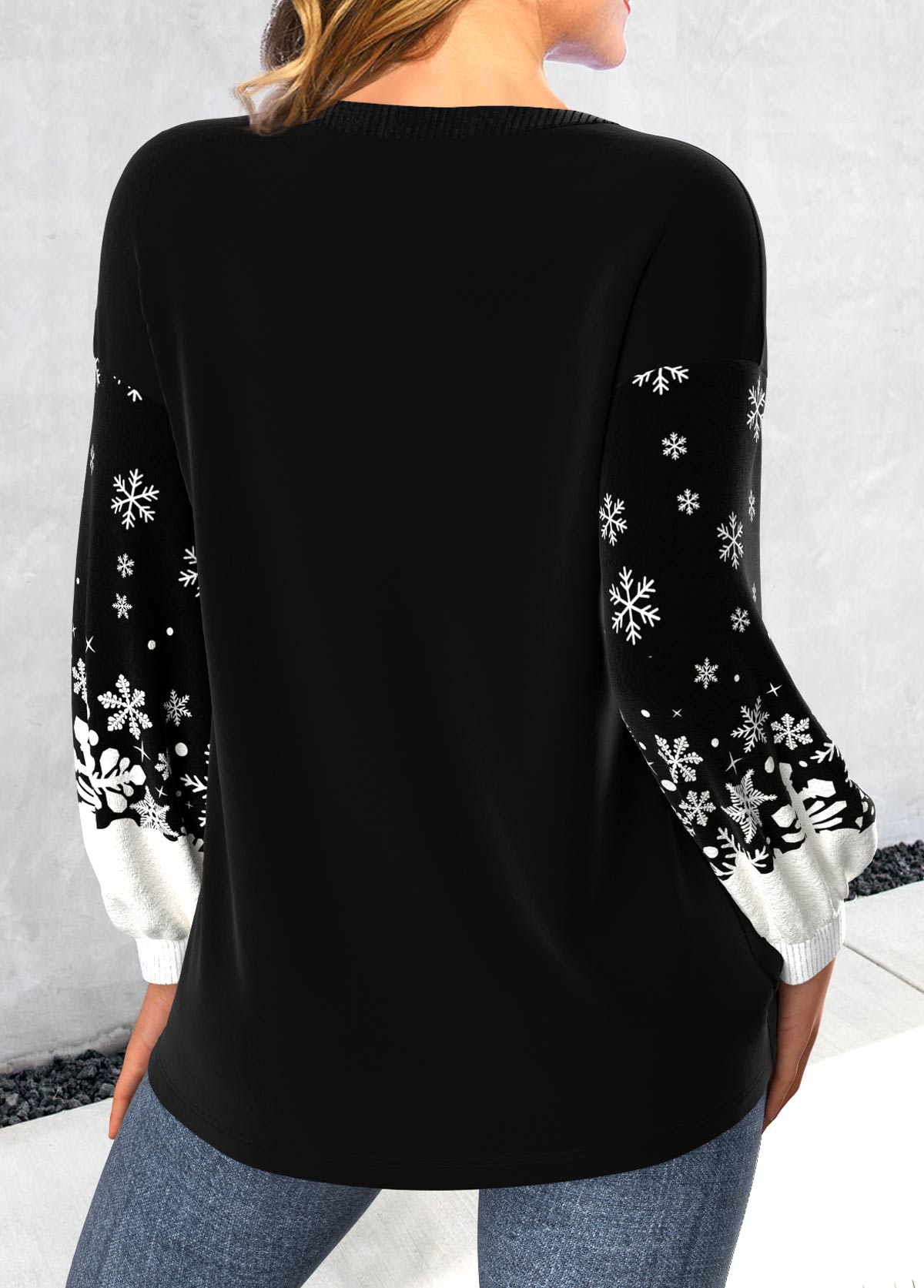 Christmas Black Snowman Print Long Sleeve Round Neck Sweatshirt