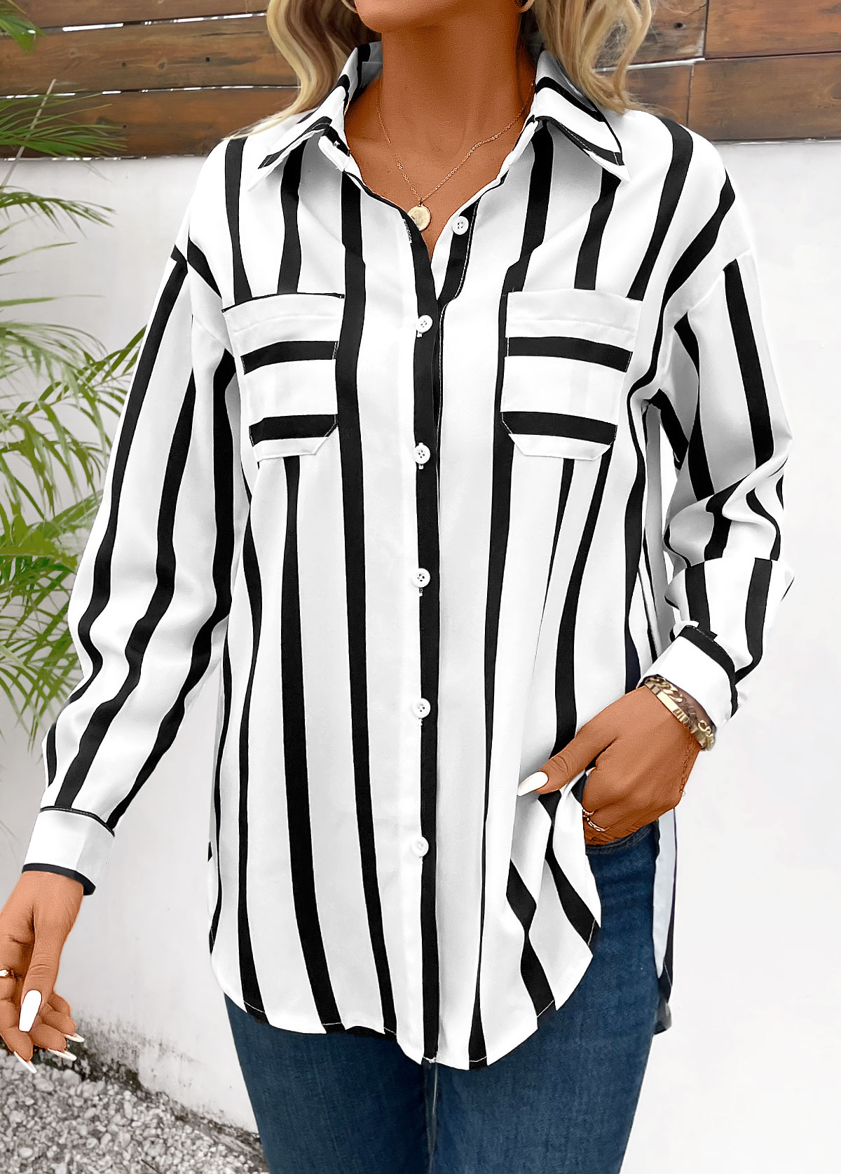 Black Pocket Striped Long Sleeve Shirt Collar Blouse
