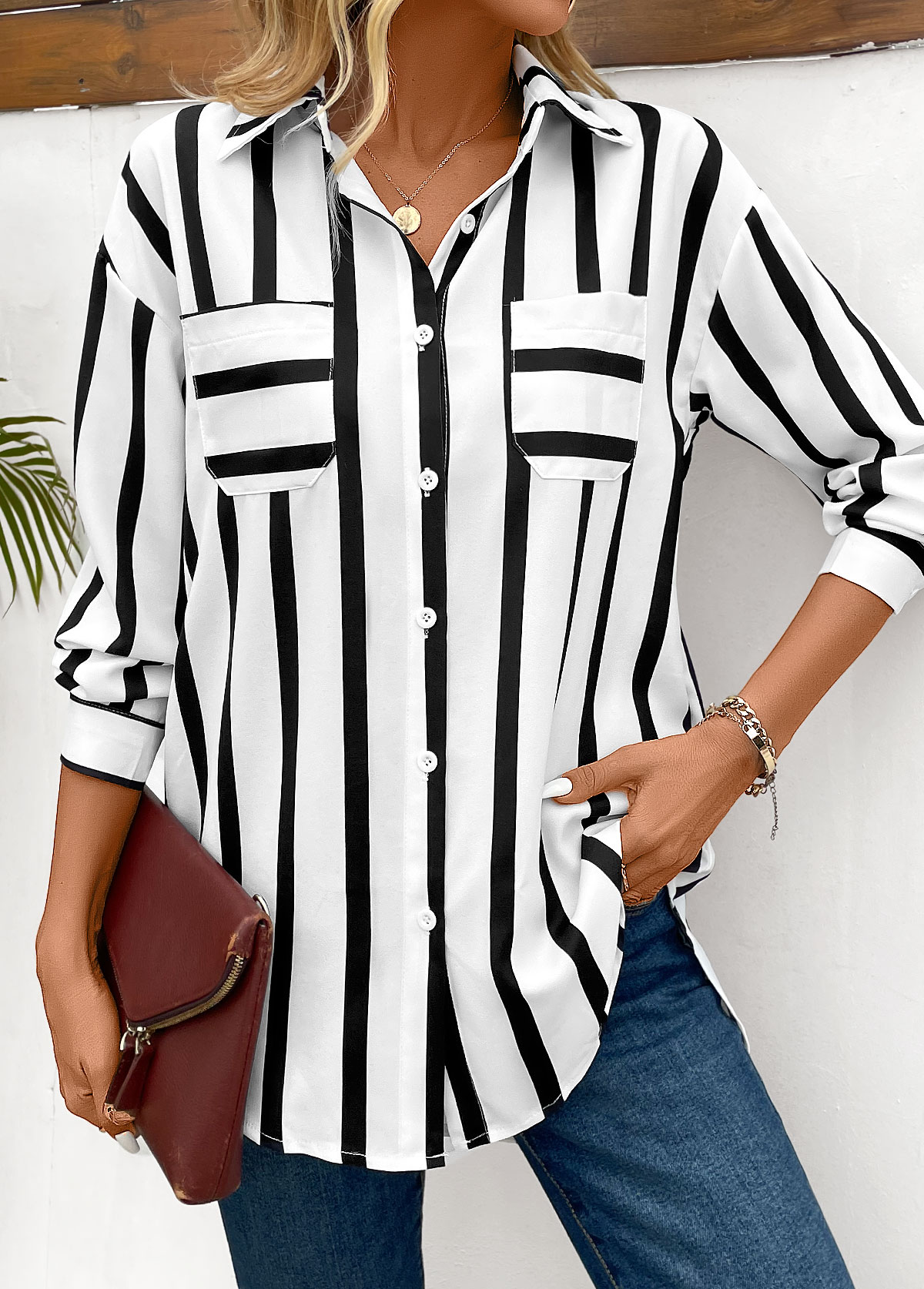 Black Pocket Striped Long Sleeve Shirt Collar Blouse