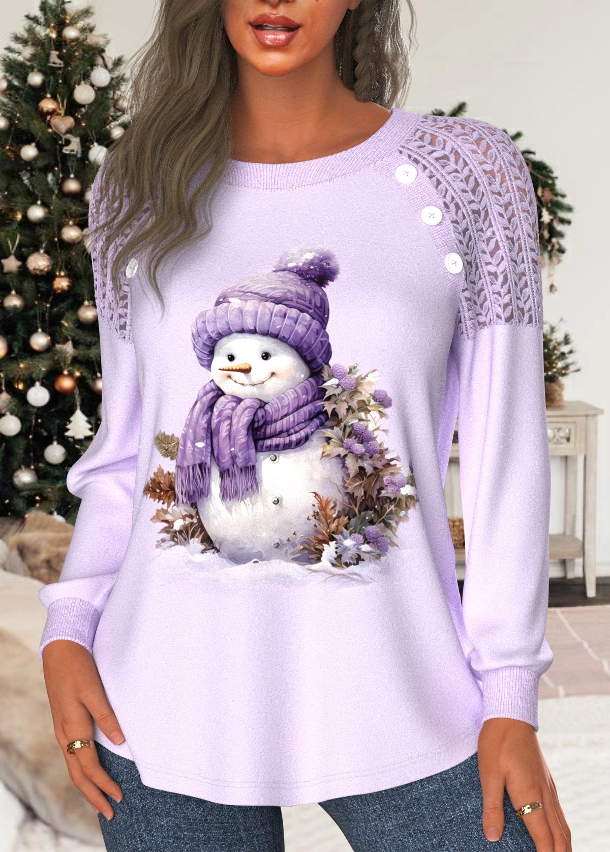 Light Purple Patchwork Snowman Print Long Sleeve Sweatshirt