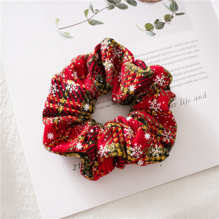 Christmas Red Round Snowflake Striped Scrunchie
