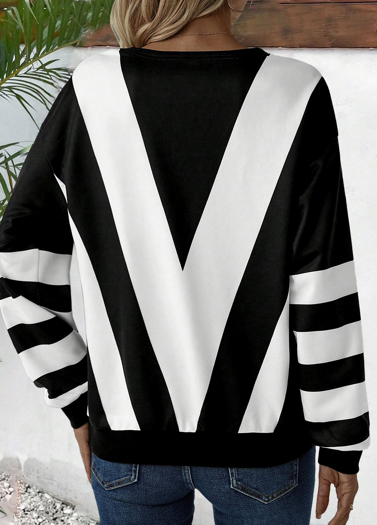 Black Zipper Striped Long Sleeve Round Neck Sweatshirt