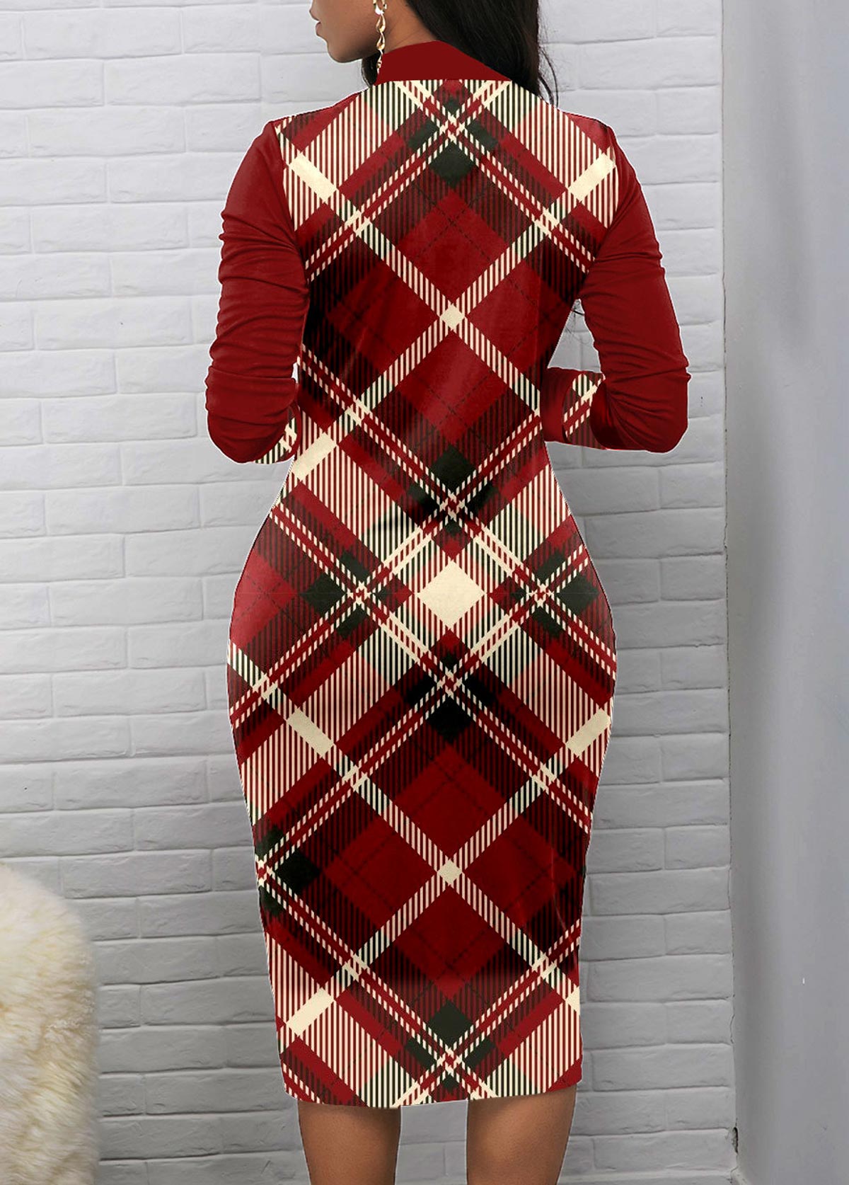 Wine Red Zipper Plaid Long Sleeve Bodycon Dress