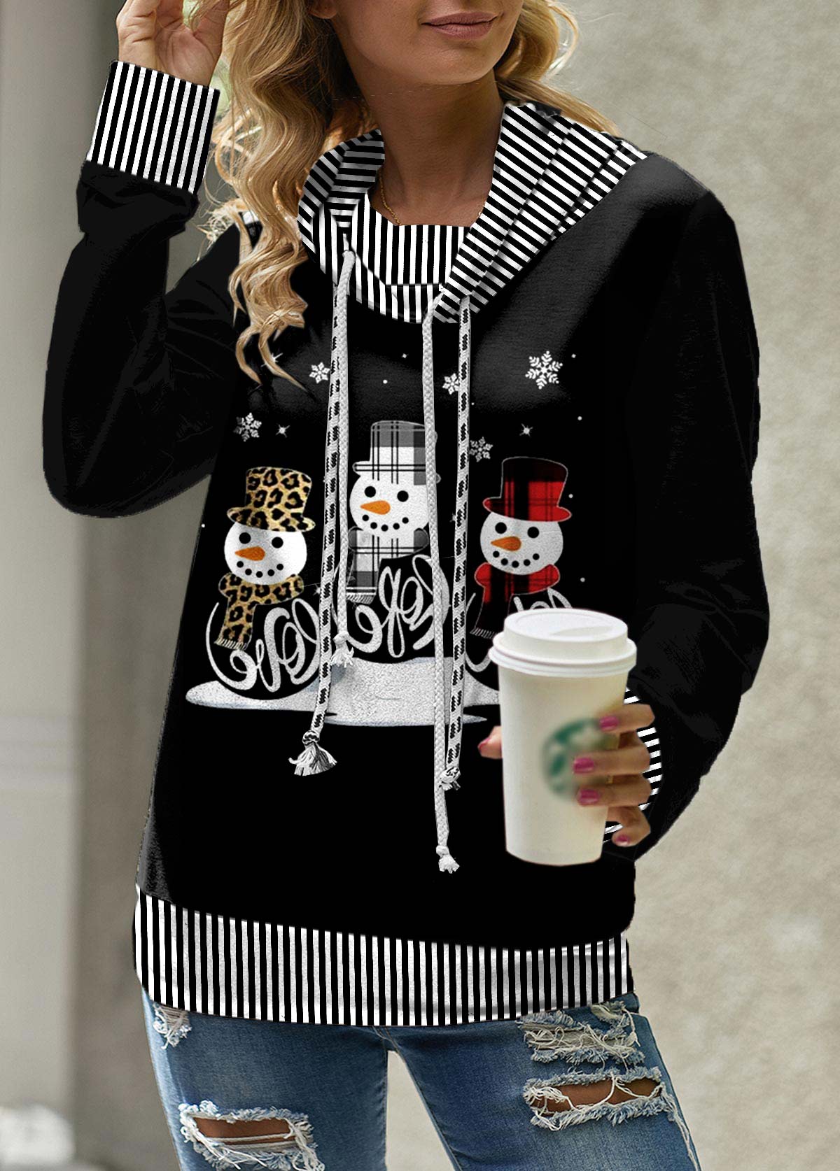 Black Patchwork Snowman Print Christmas Cowl Neck Sweatshirt