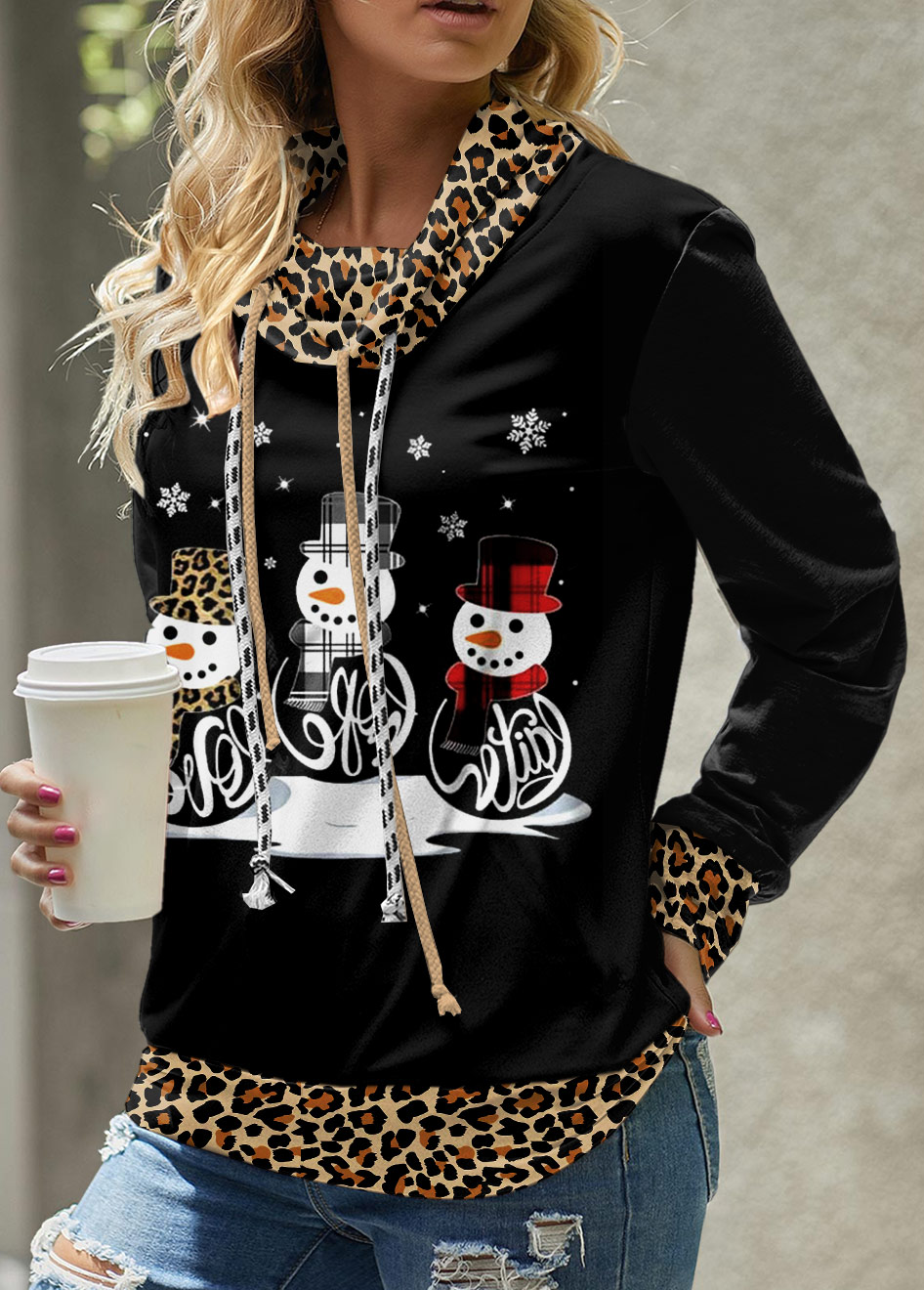 Light Coffee Patchwork Leopard Christmas Cowl Neck Sweatshirt