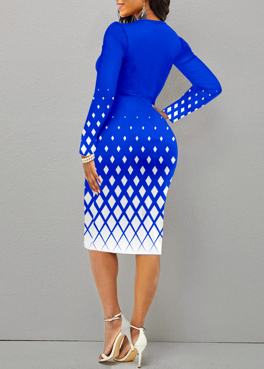 Royal Blue Split Geometric Print Long Sleeve Dress