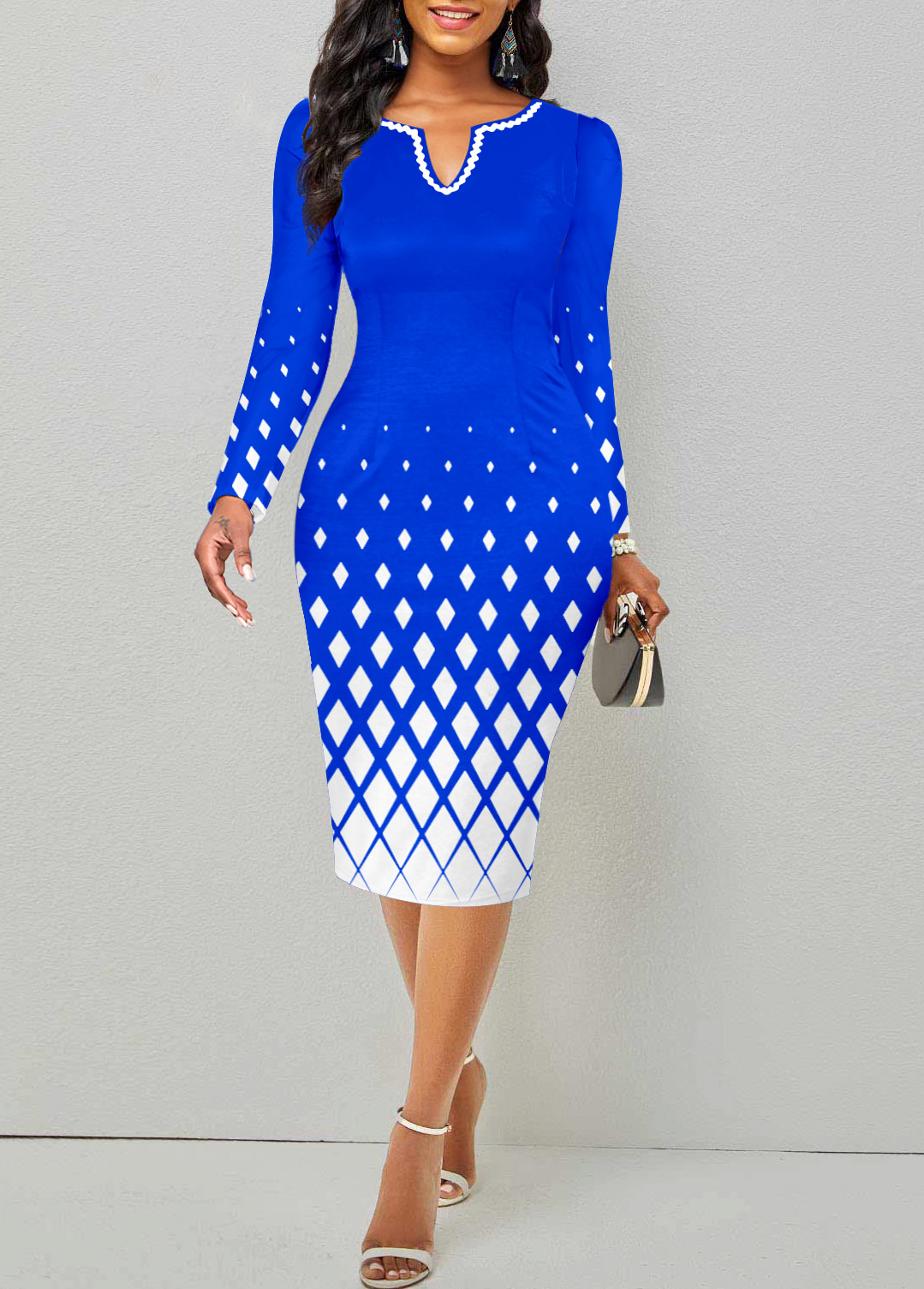 Royal Blue Split Geometric Print Long Sleeve Dress