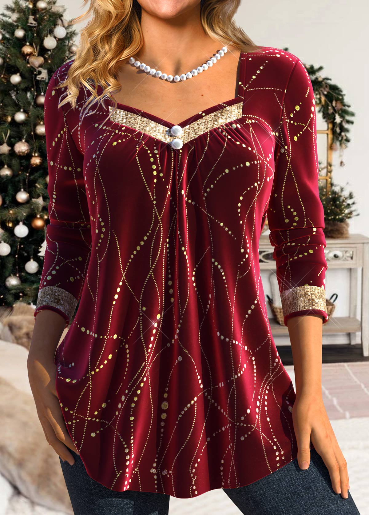 Wine Red Sequin Long Sleeve Heart Collar T Shirt | picture 