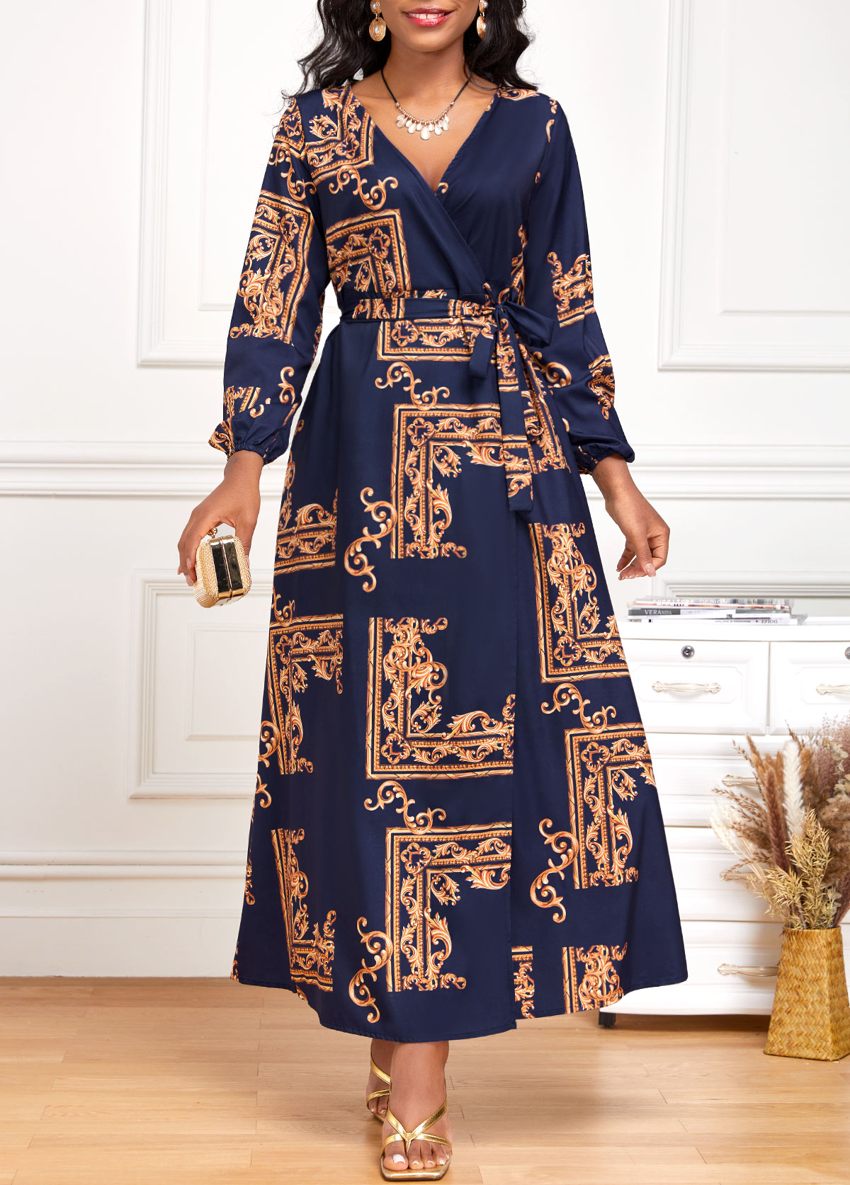 Navy Criss Cross Baroque Print Belted Maxi Dress