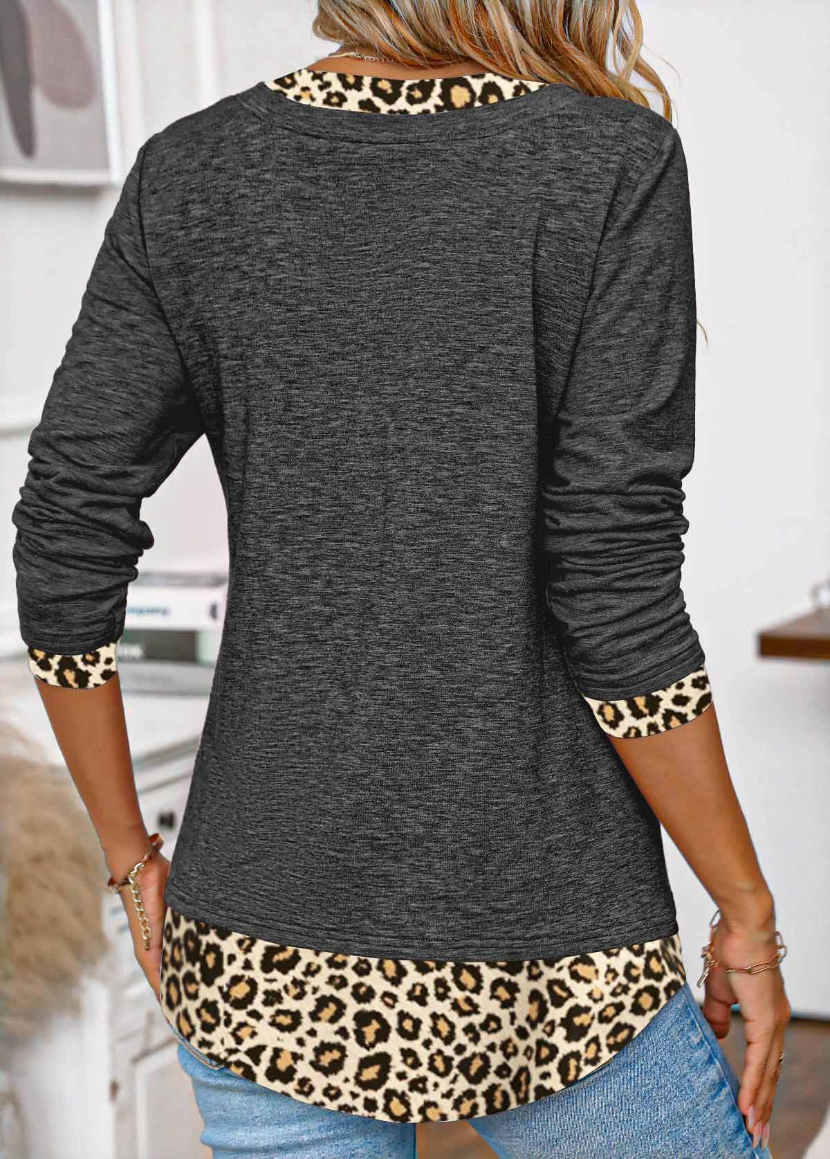 Plus Size Dark Grey Patchwork Leopard T Shirt