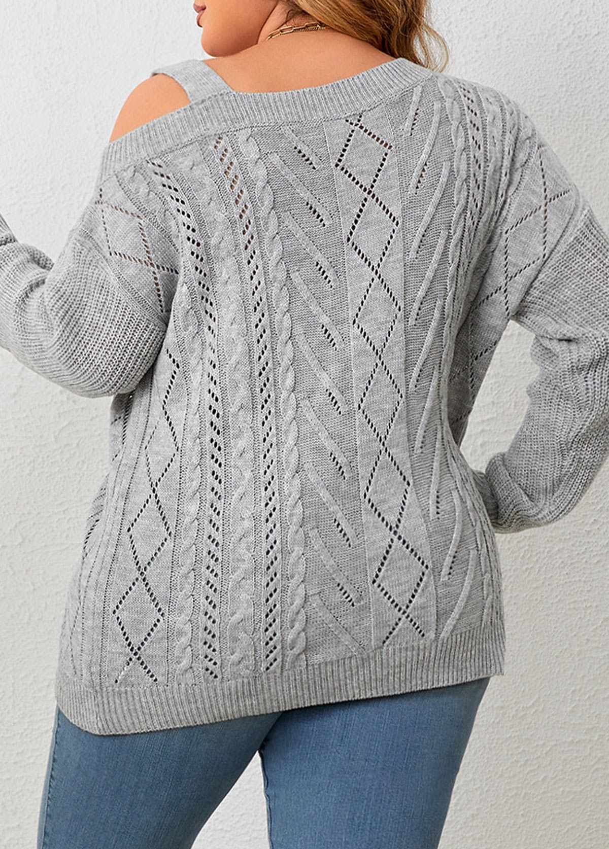 Grey Asymmetry Plus Size Long Sleeve Asymmetrical Neck Sweater