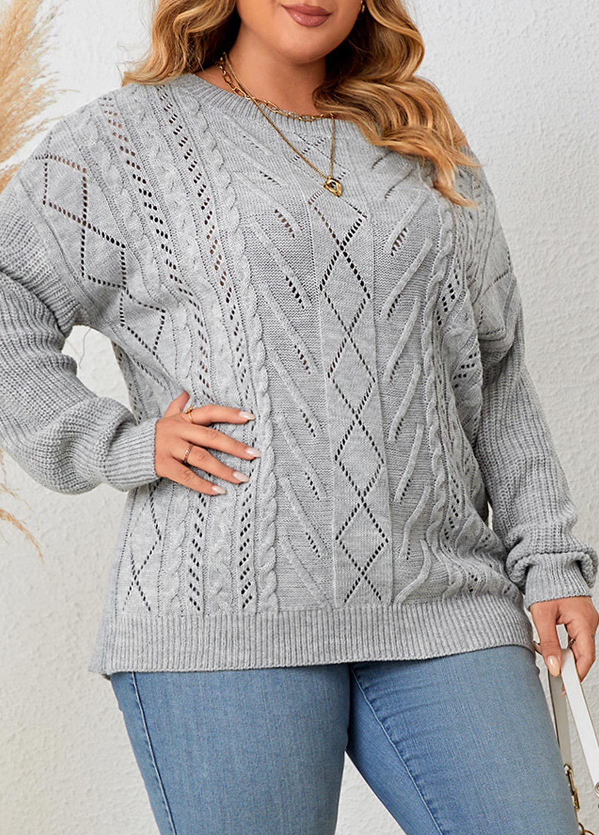 Grey Asymmetry Plus Size Long Sleeve Asymmetrical Neck Sweater