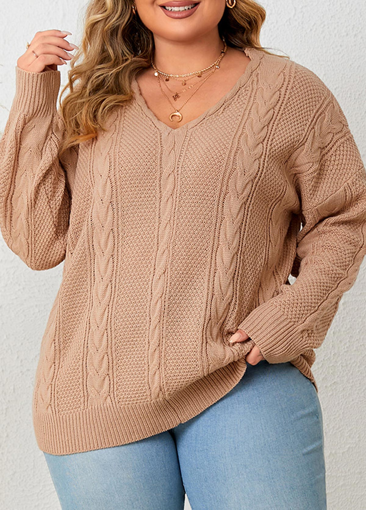 Light Coffee Cable Plus Size Long Sleeve Sweater