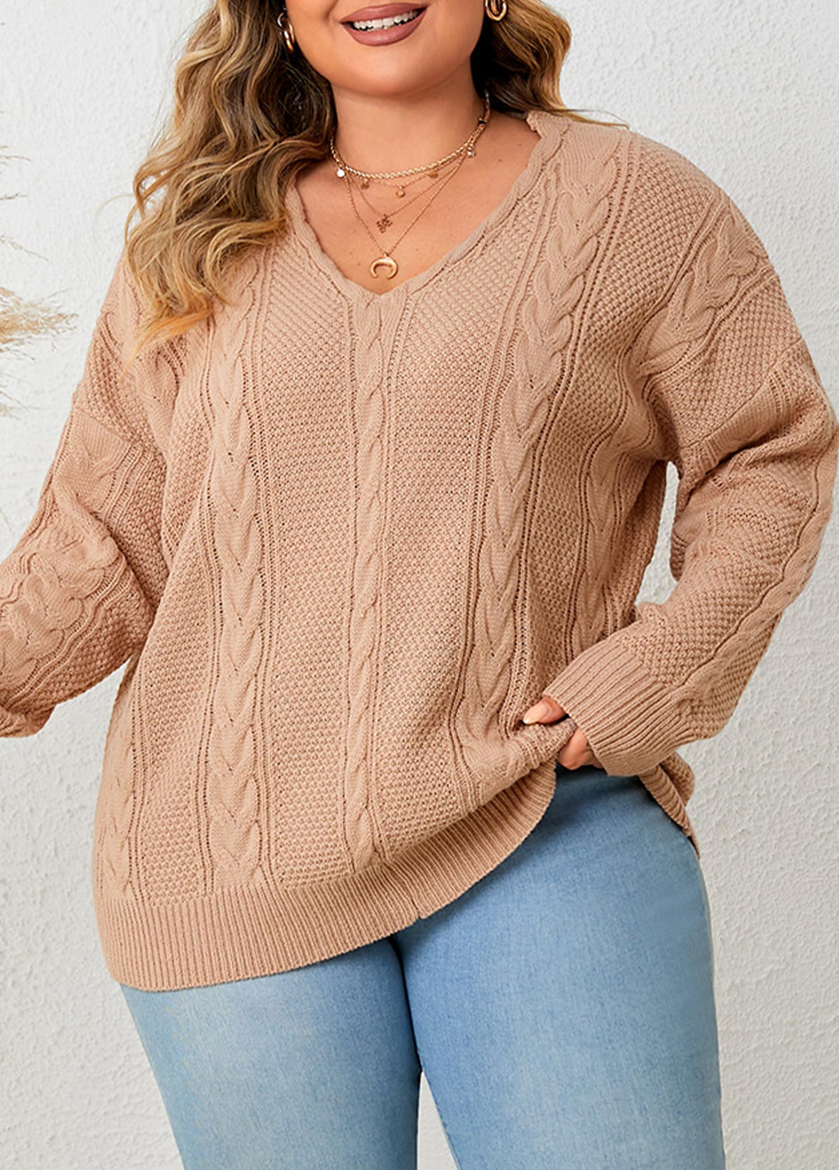 Light Coffee Cable Plus Size Long Sleeve Sweater