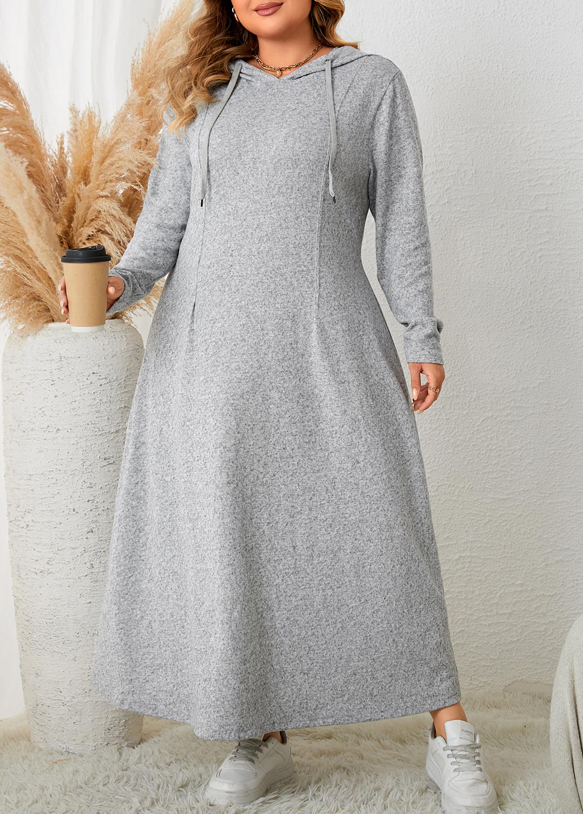 Light Grey Marl Drawstring Plus Size Hooded Maxi Dress