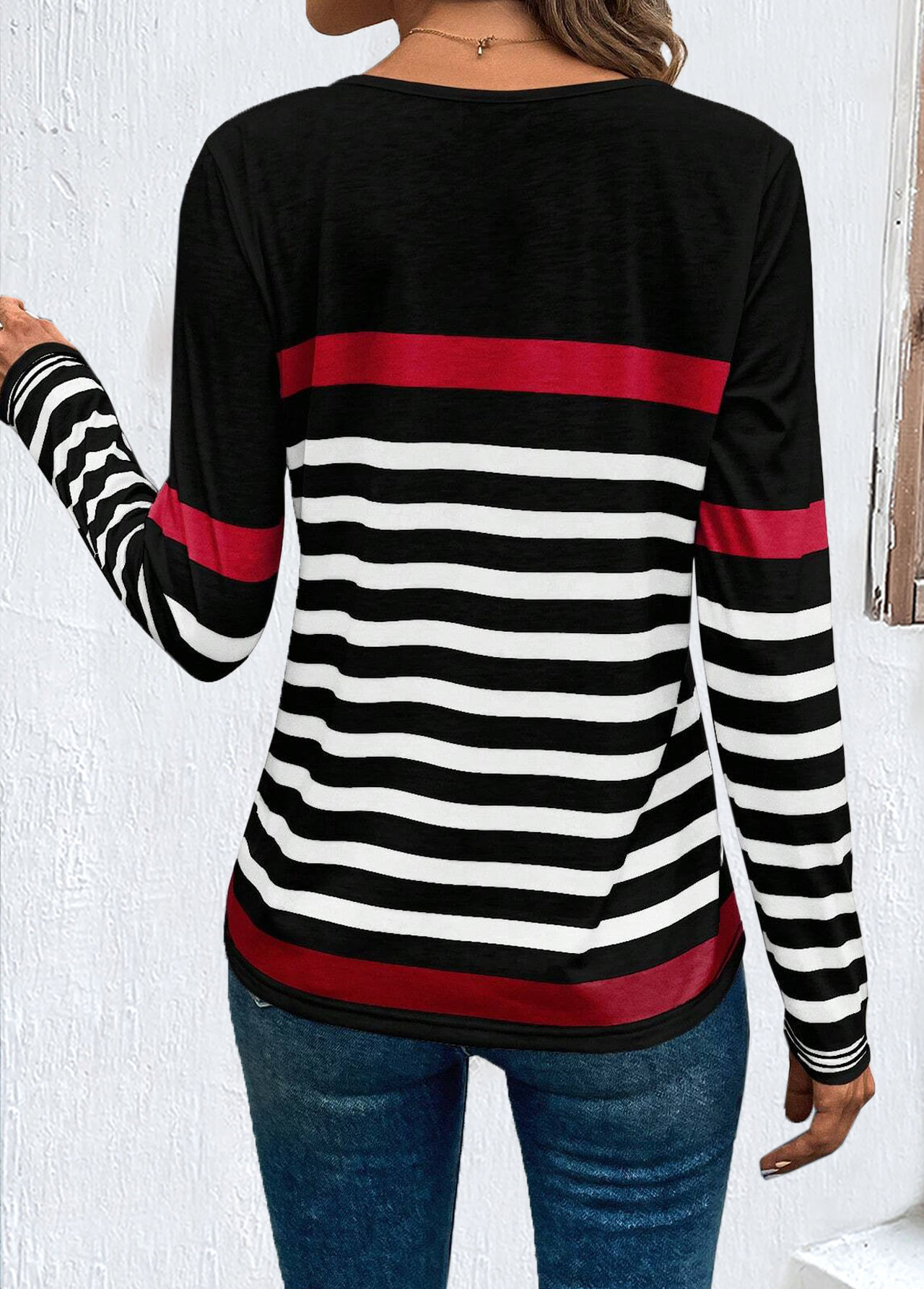 Plus Size Black Patchwork Striped Long Sleeve Sweatshirt