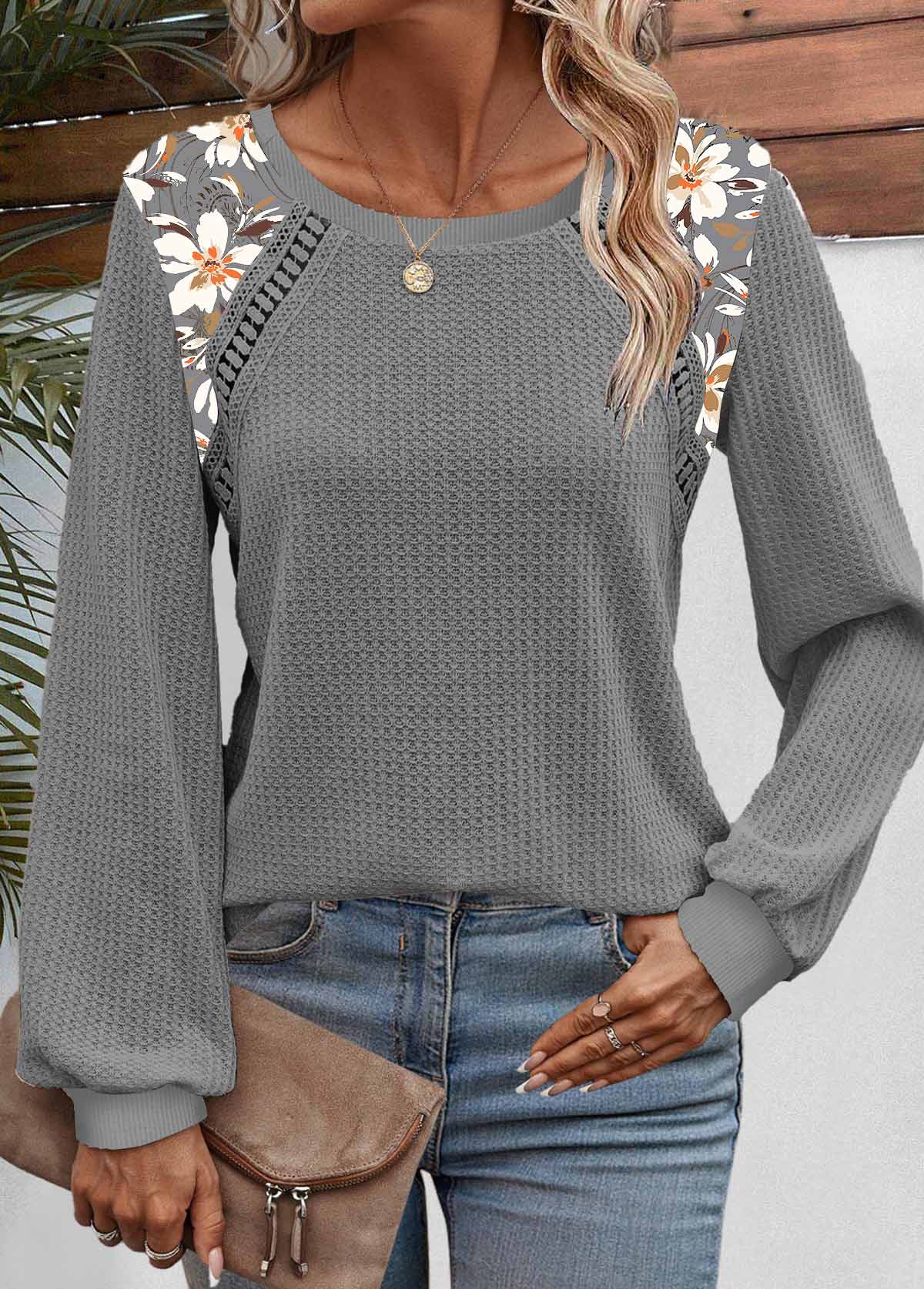 Plus Size Dark Grey Patchwork Floral Print Sweatshirt