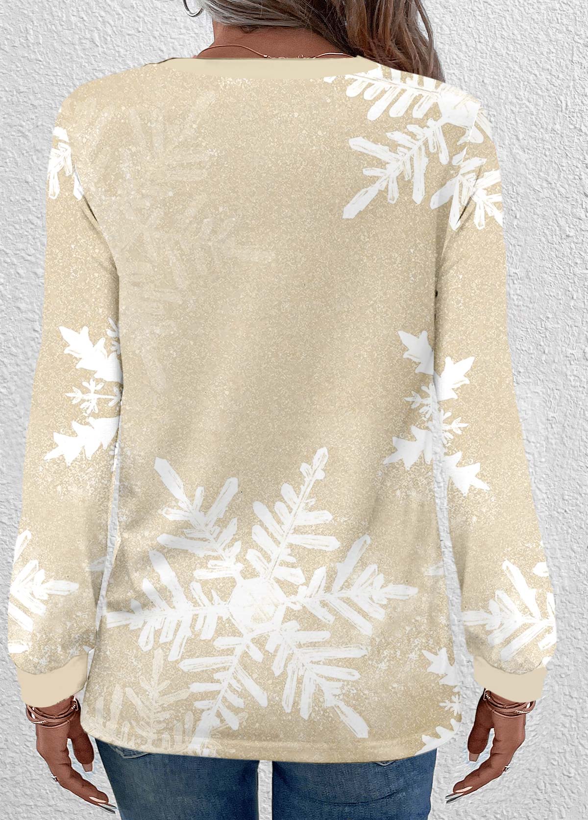 Champagne Button Snowflake Print Christmas Round Neck Sweatshirt