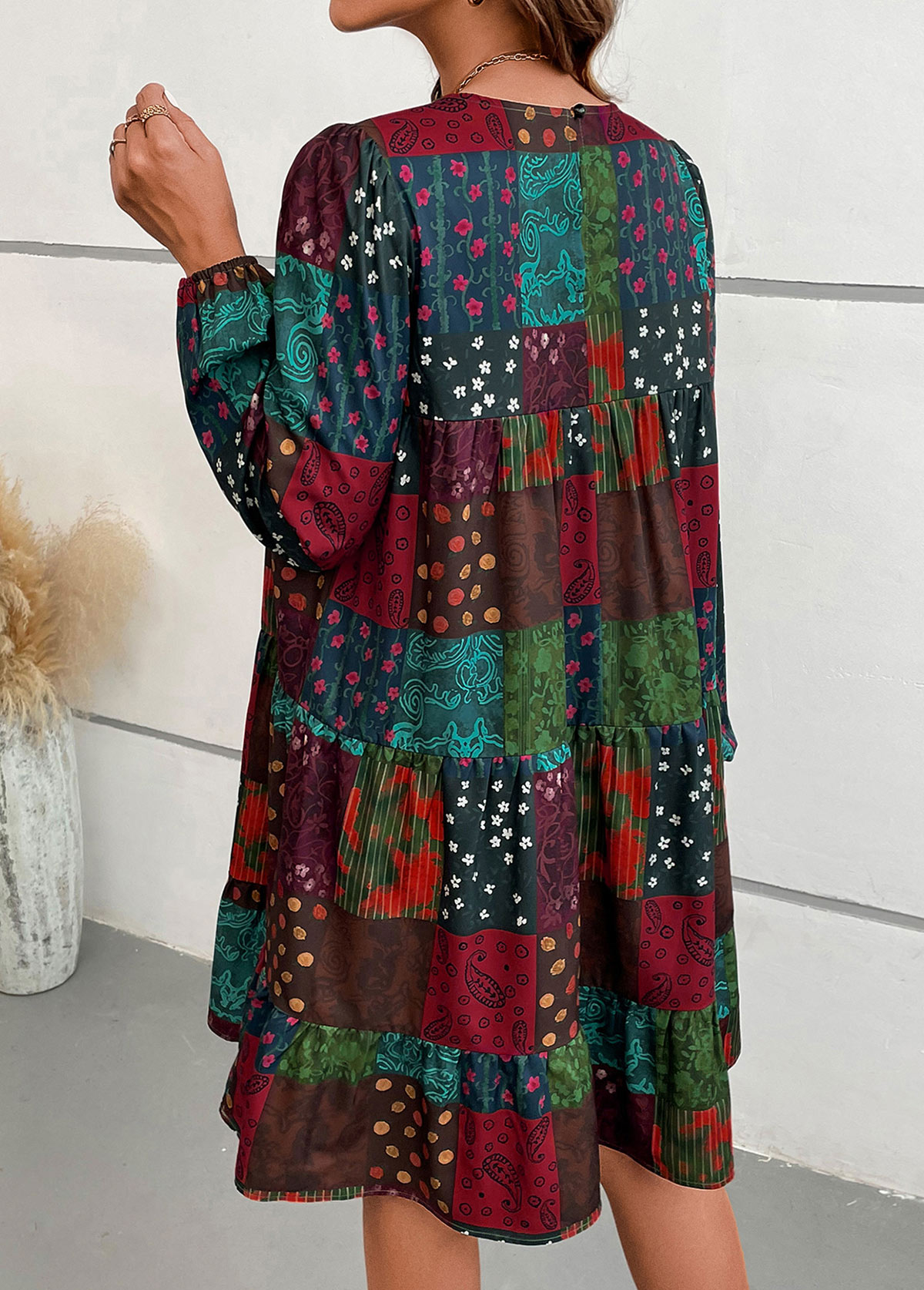 Multi Color Patchwork Tribal Print A Line Dress