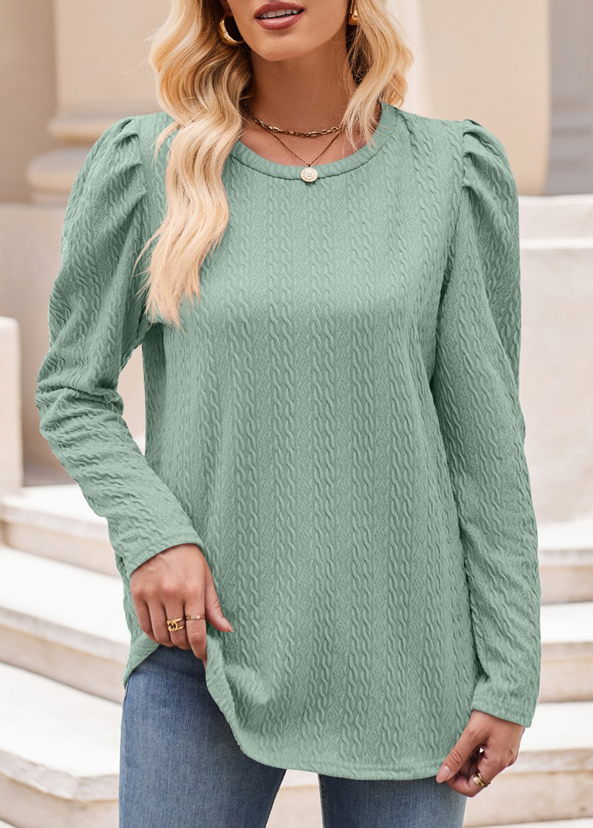 Ruched Long Sleeve Round Neck T Shirt