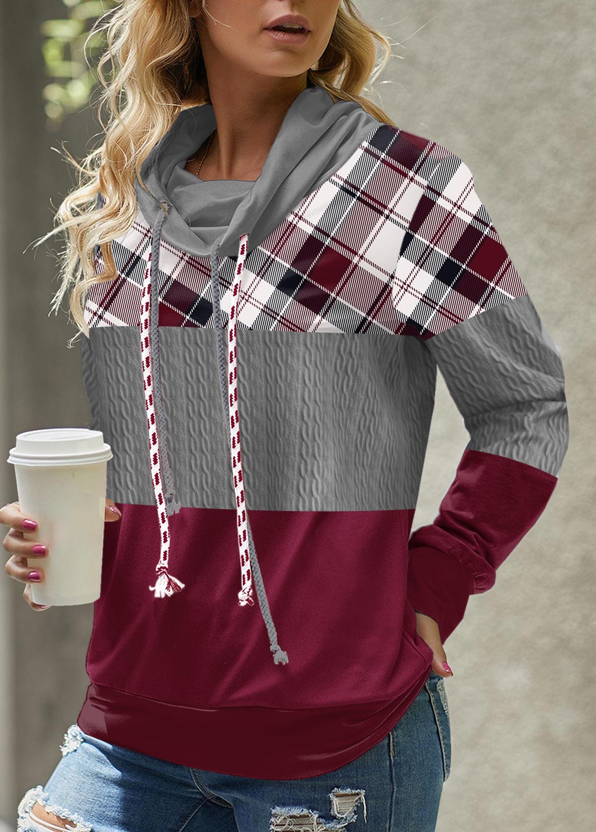 Patchwork Plaid Multi Color Long Sleeve Cowl Neck Sweatshirt