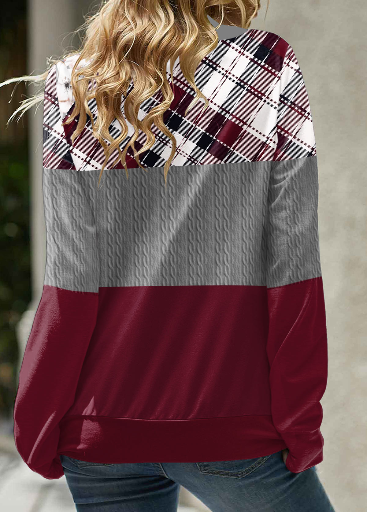 Patchwork Plaid Multi Color Long Sleeve Cowl Neck Sweatshirt